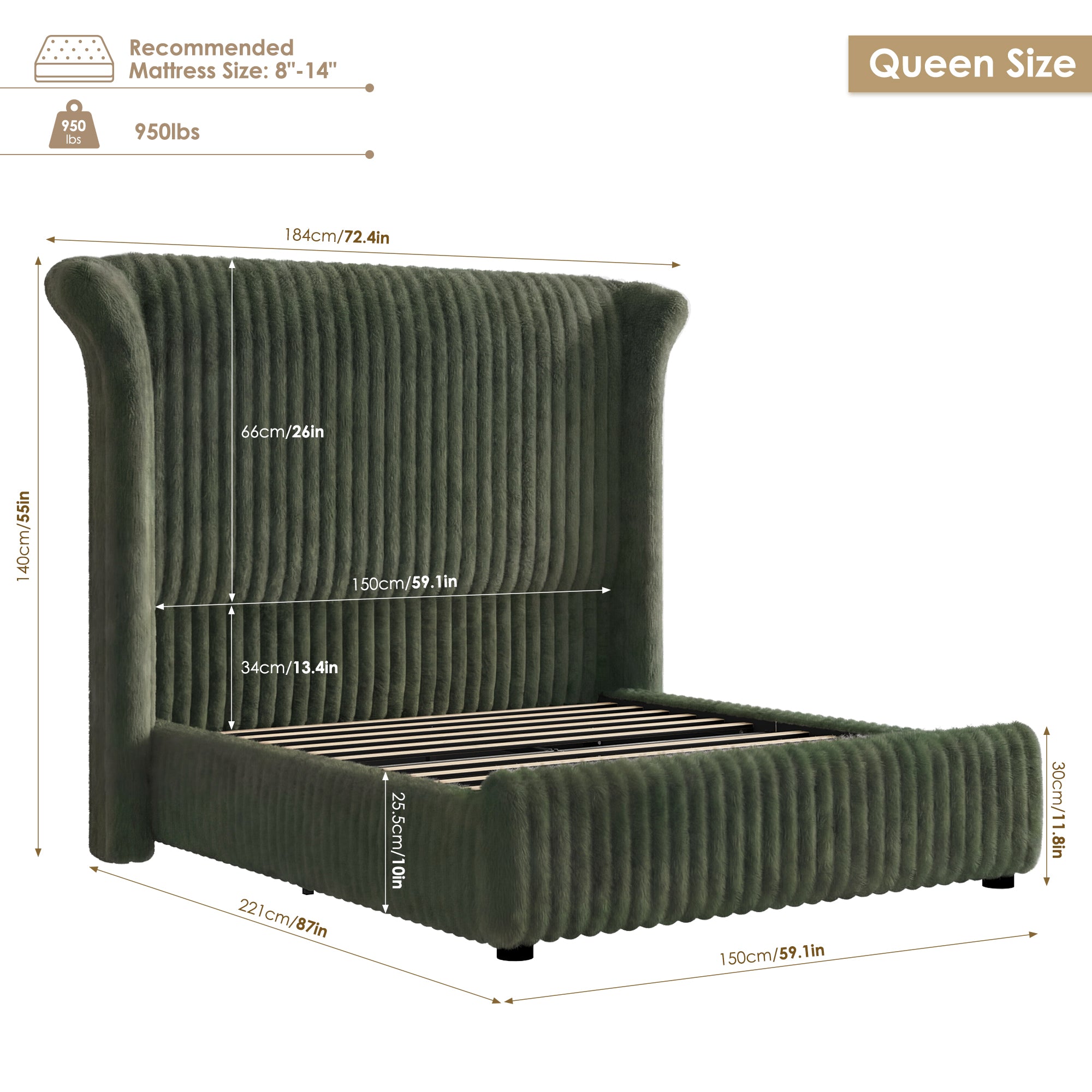 Hiphuta Modern Queen Size Corduroy Upholstered Bed Frame, LED Platform Bed Frame with 55"H Vertical Stripe Tufted Corduroy Velvet Wingback Headboard, Green