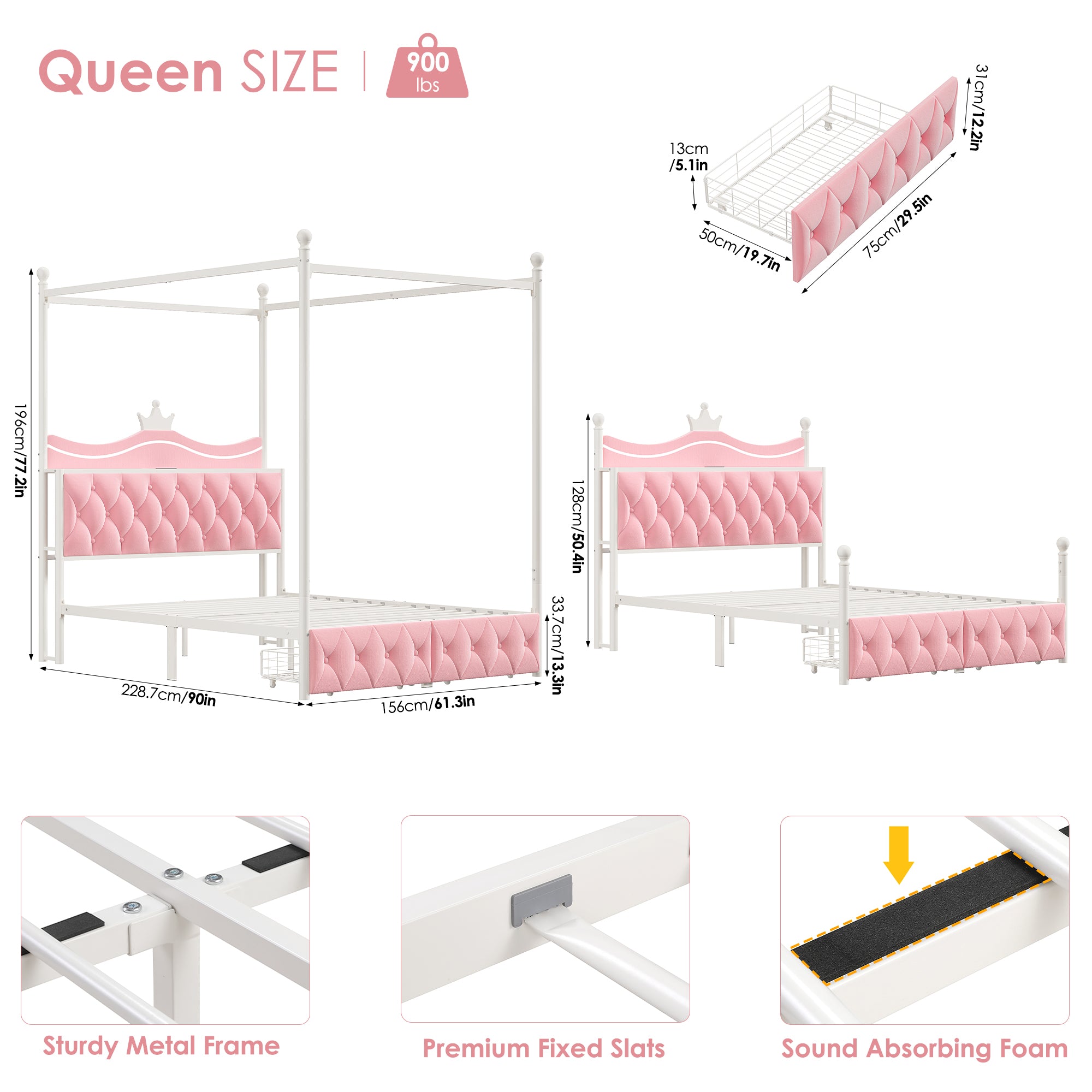 Hiphuta Queen Size Crown Canopy Bed with Power Outlet & LED, Upholstered Princess Beds with 4 Removable Posts, Queen Velvet Bed for Adults, Curtain Not Included, Pink