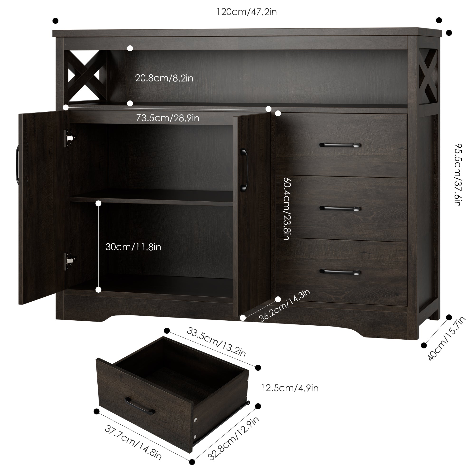 Hiphuta 47.2" Wide Buffet Sideboard, Farmhouse 3 Drawer Credenza Cabinet with 2 Doors, Dark Brown