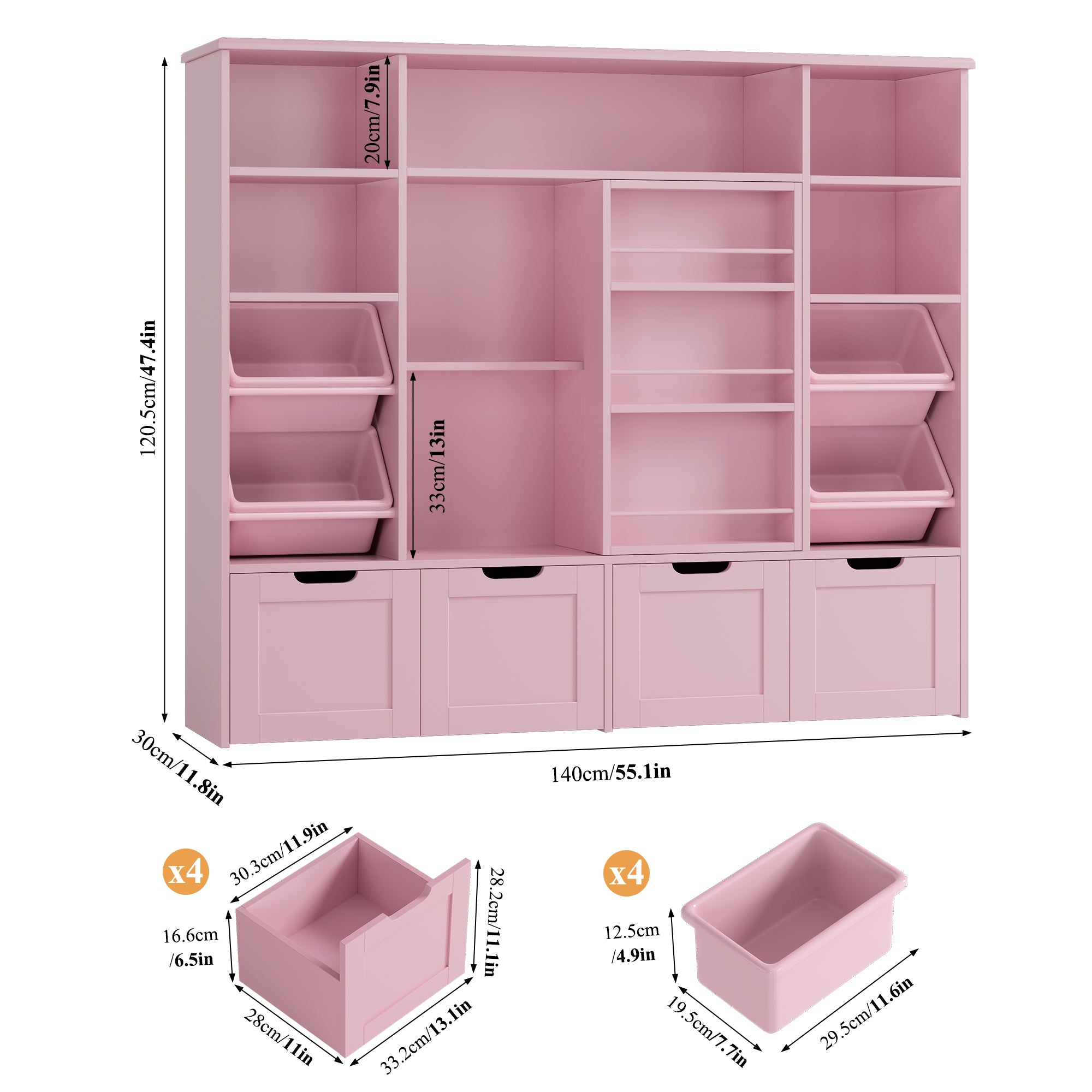 Hiphuta 55"W Kid Toy Storage Organize with Sliding Bookshelf, Kid Bookcase with 4 Removable Drawers, Toy Storage Toy Organize for Kid Bedroom Playroom, Pink