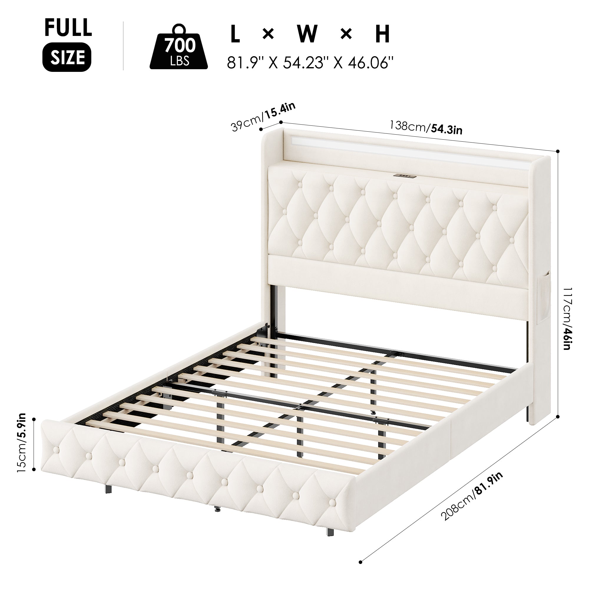 Hiphuta Full Size Floating Bed Frame with LED Lights, Velvet Leather Platform Bed with Charging Station & Button Tufted Headboard Storage, No Box Spring Needed, White