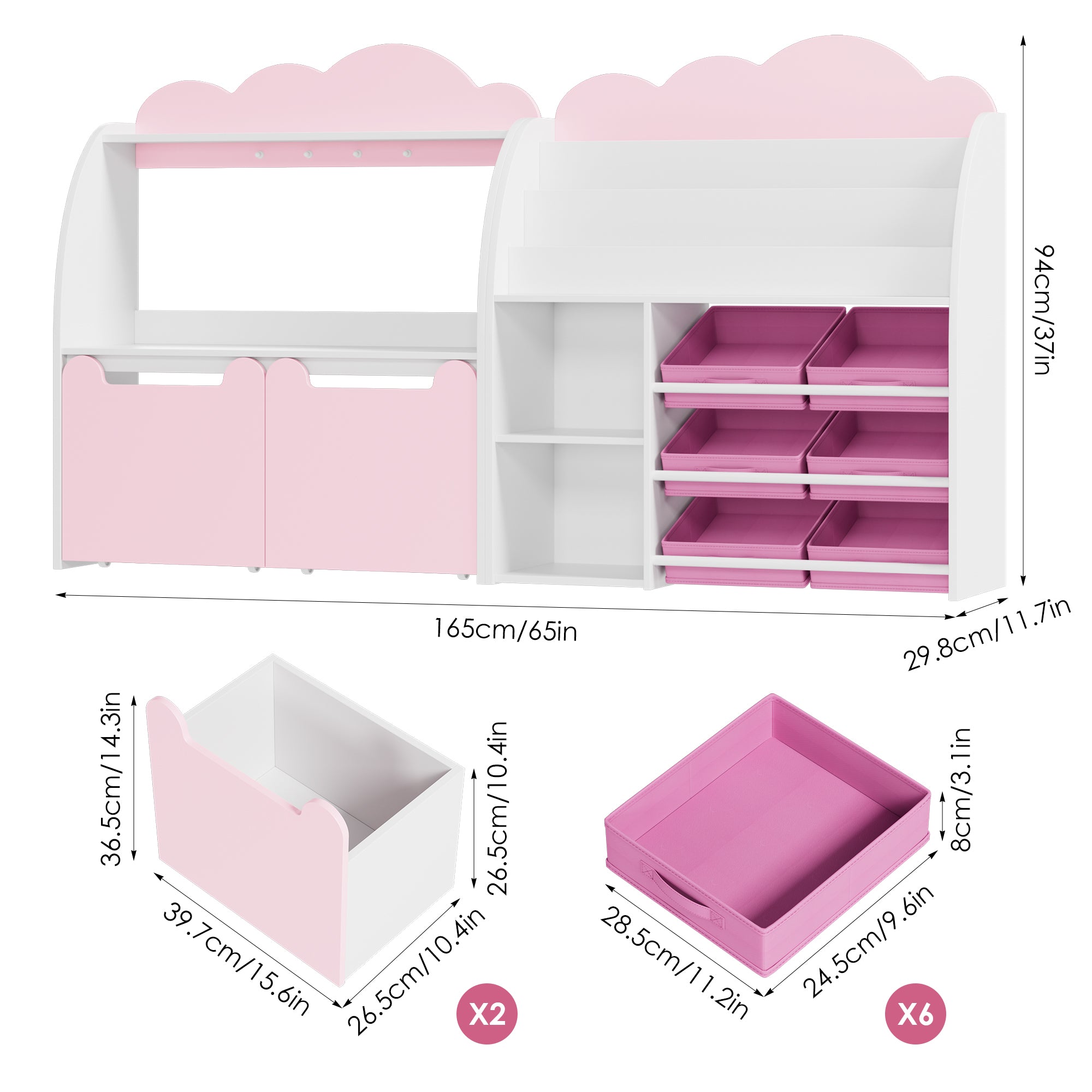 Hiphuta Kid’s Toy Storage Organizer, Kids Bookshelf with 6 Bins & 2 Removable Drawers, Book Rack Storage 3 Tiers, White Pink