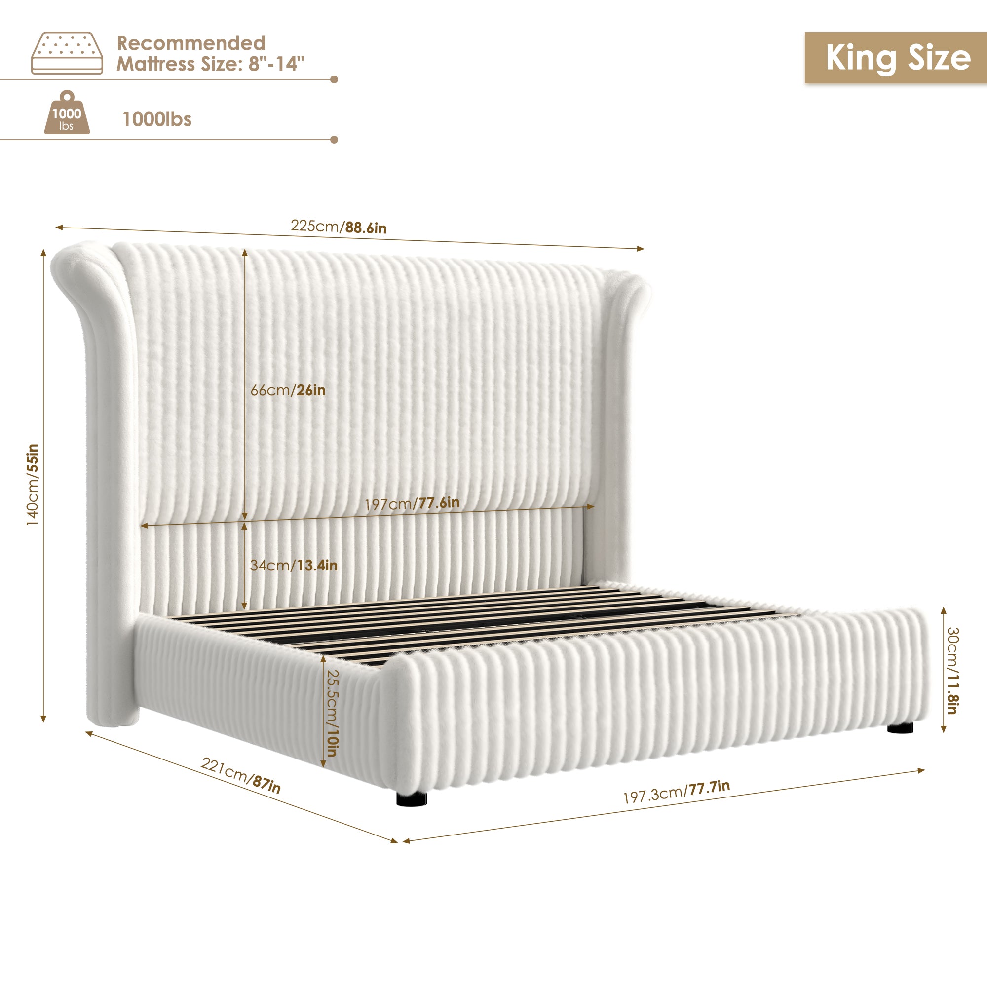 Hiphuta Modern King Size Corduroy Upholstered Bed Frame, LED Platform Bed Frame with 55"H Vertical Stripe Tufted Corduroy Velvet Wingback Headboard, White