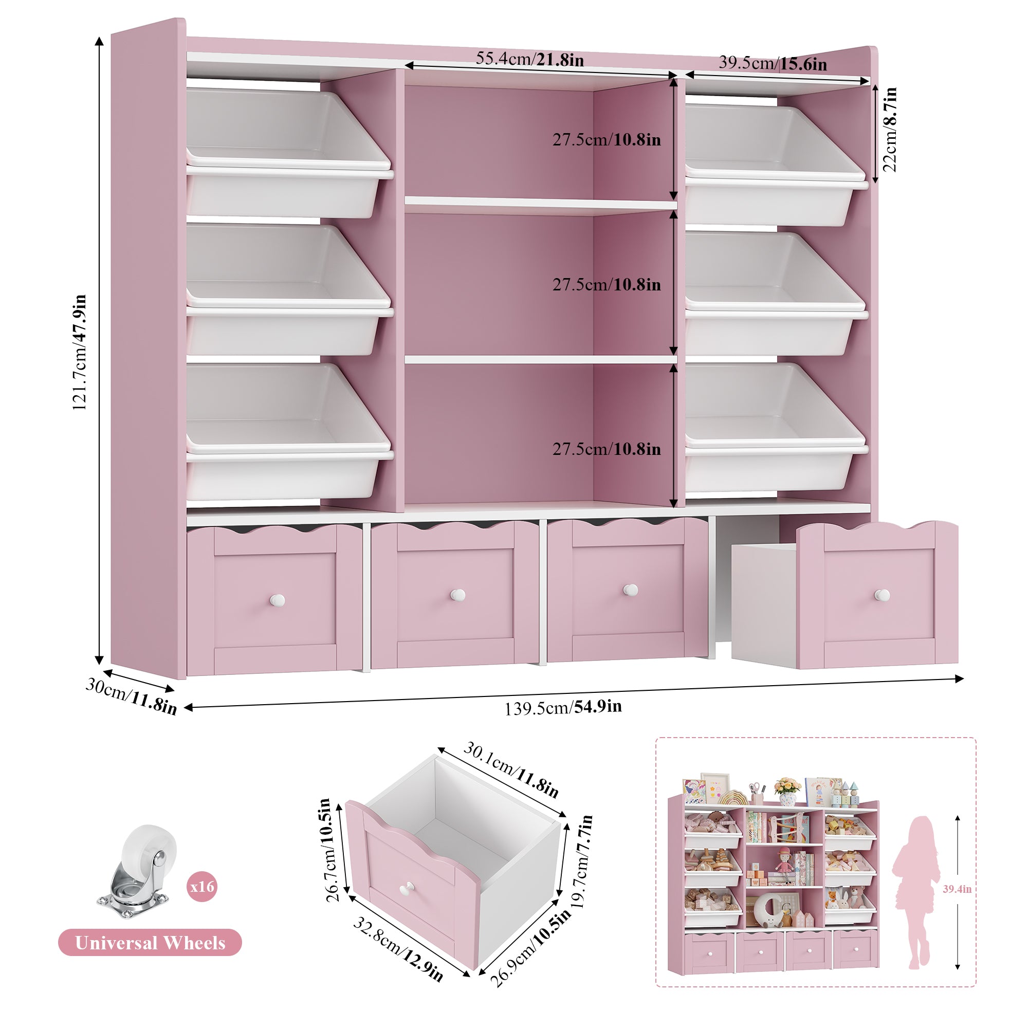 Hiphuta 55" Wide Toy Storage Organizer with 4 Removable Drawers, 4-Tier Kid Bookcase with 6 Bins, Toy Organizer with Bookcase for Kid Bedroom Playroom, Pink & White
