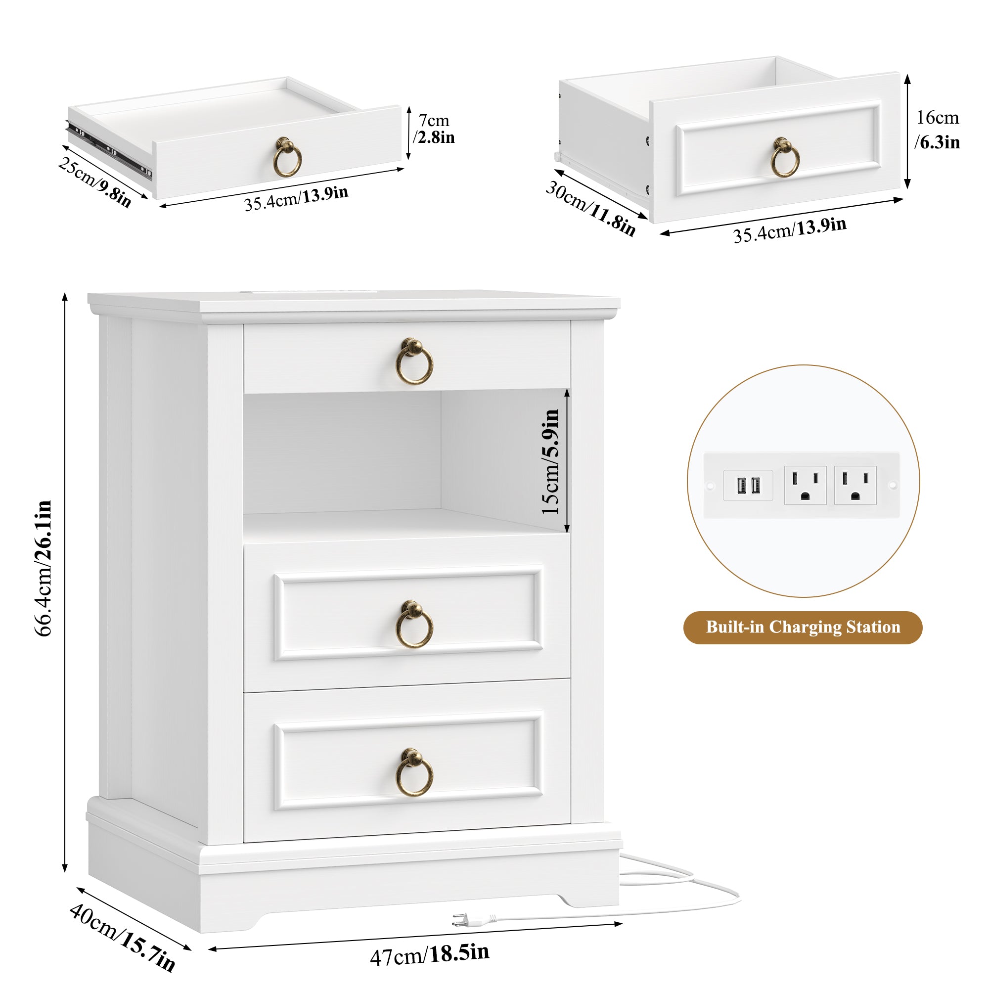 Hiphuta RGB LED Nightstands Set of 2, 3-Drawer Sofa Tables with Charging Station and Retro Handles, for Bedroom Living Room, White