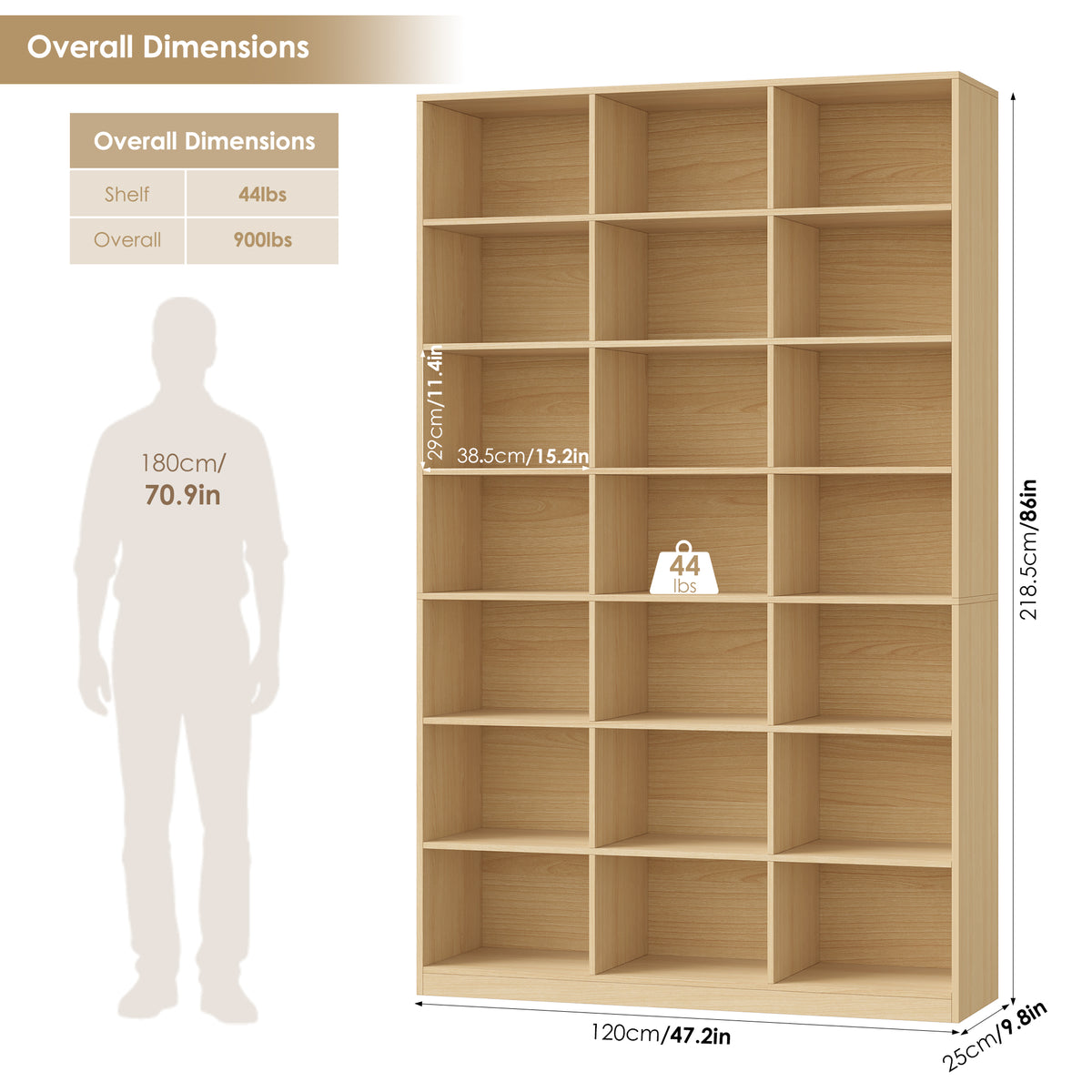 Hiphuta 86"H x 47"W Wood Triple 7-Tier Standard Bookcase, Tall Bookcase for Bedroom, Living Room and Office, Freestanding 21 Cubes Display Storage Shelves, Natural