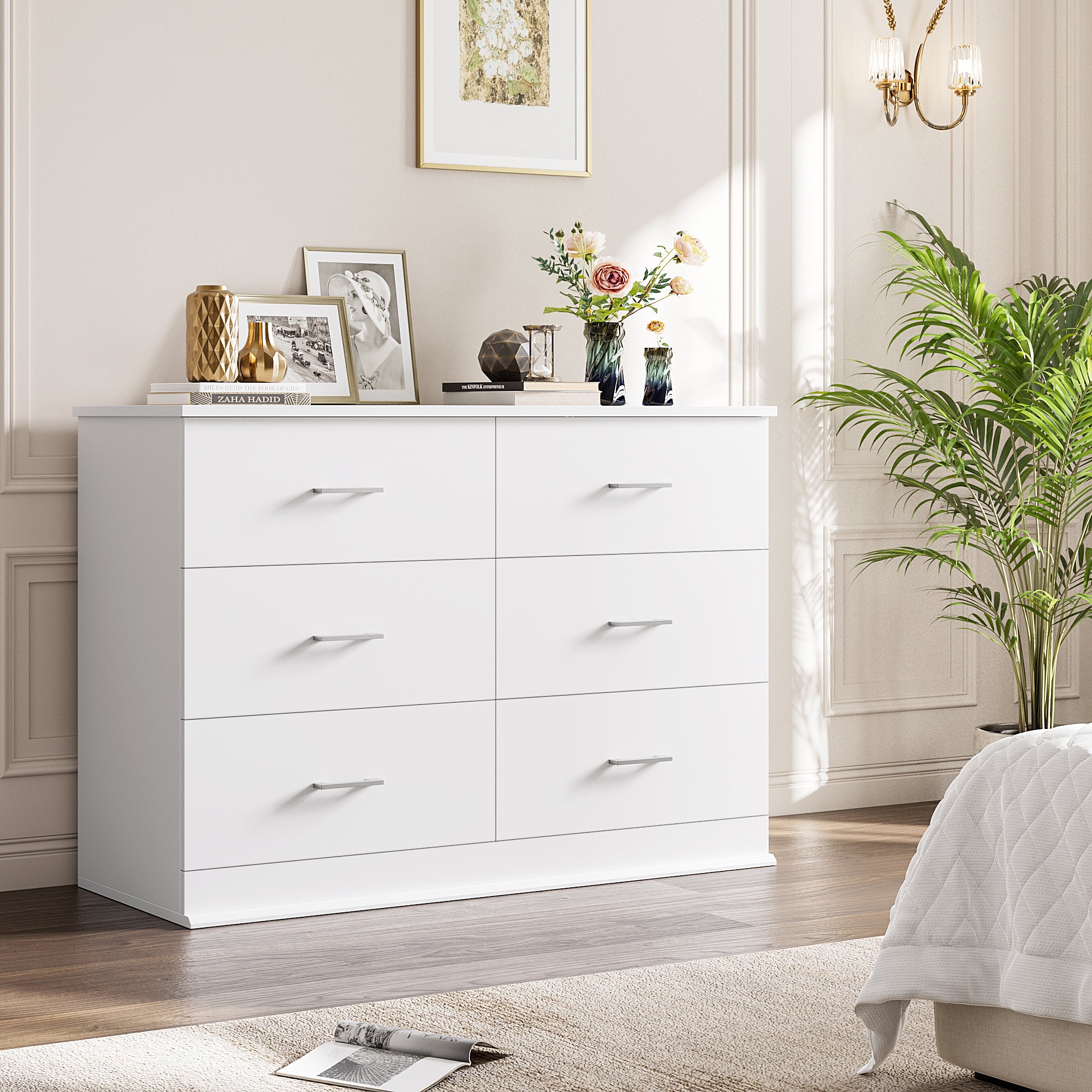 Hiphuta 47'' Wide Modern 6 Drawer Double Dresser, Chest of Drawers for Bedroom, White