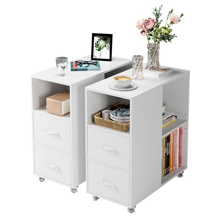 Hiphuta Movable End Side Table with 2 Drawers & Adjustable Shelf, Narrow Bedside Table, White