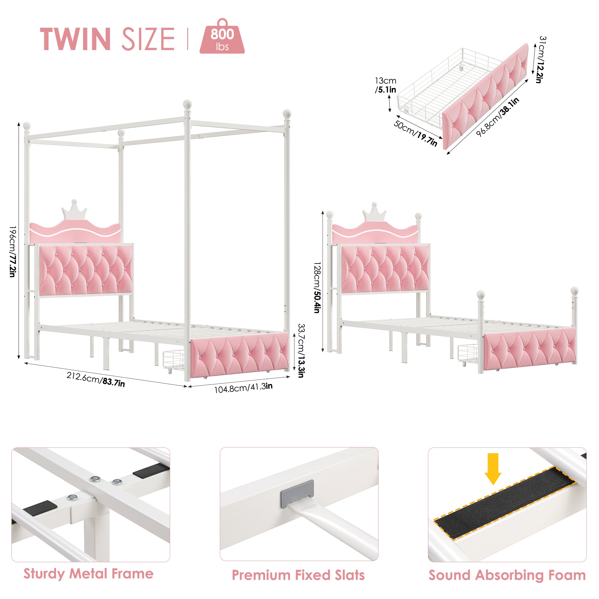 Hiphuta Twin Size Crown Canopy Bed with Power Outlet & LED, Upholstered Princess Beds with 4 Removable Posts, Twin Bed Frame, Pink