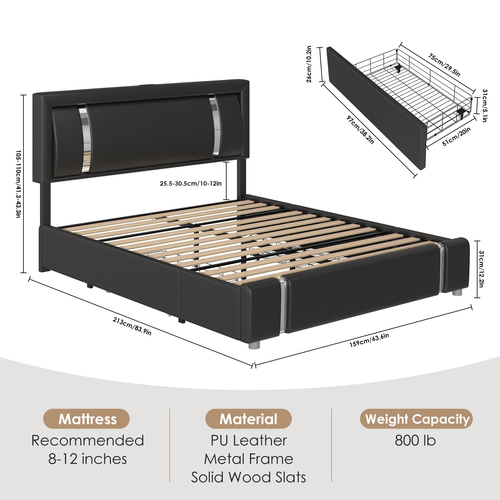 Hiphuta Queen Bed Frame with Adjustable Headboard & LED lights, Modern Upholstered Faux Leather Smart Platform with USB Charging Ports, Black