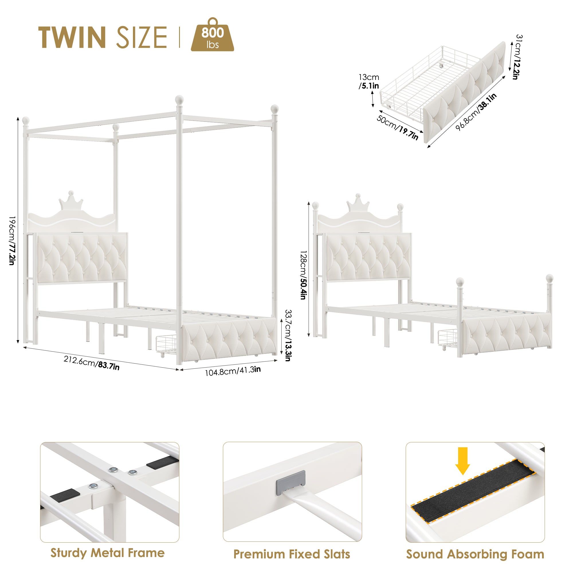Hiphuta Twin Size Crown Canopy Bed with Power Outlet & LED, Upholstered Princess Beds with 4 Removable Posts, Twin Bed Frame, White