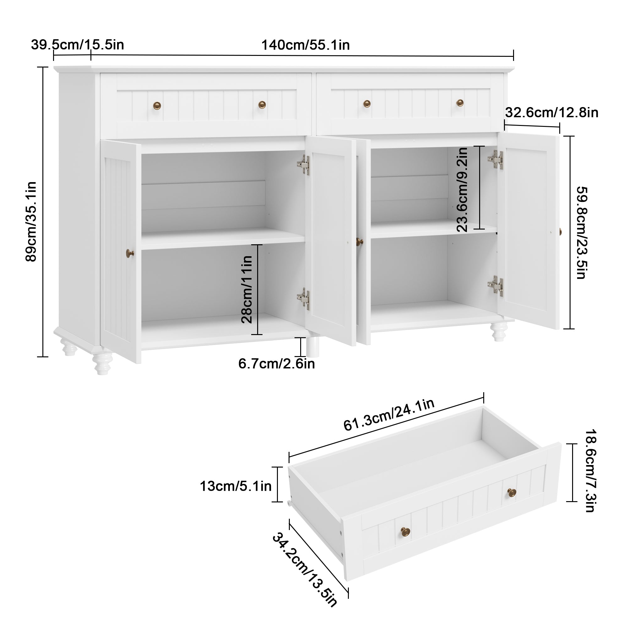 Hiphuta Kitchen Sideboard Buffet Cabinet with 4-Doors & 2 Large Drawers, Storage Cabinet for Living Room Home, White