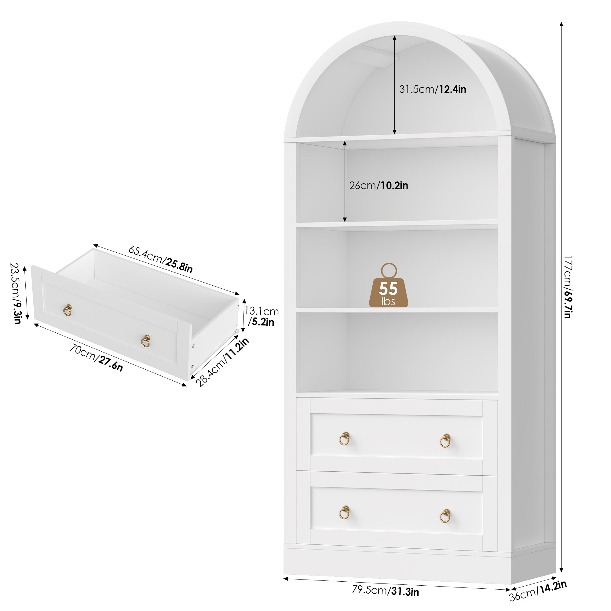 Hiphuta 70” Tall Arched Kitchen Pantry Storage Cabinet with 2 Large Drawers and 4 Open Shelves, Freestanding Modern Farmhouse Versatile Hutch Cupboard for Dining Room, White