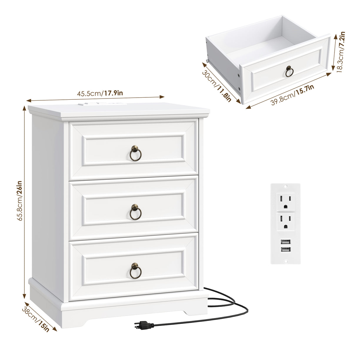 Hiphuta Vintage Nightstand with 3 Large Drawers, Farmhouse Bedroom Bedside Tables with Charging Station, Sofa Tables End Tables for Bedroom and Living Room, White