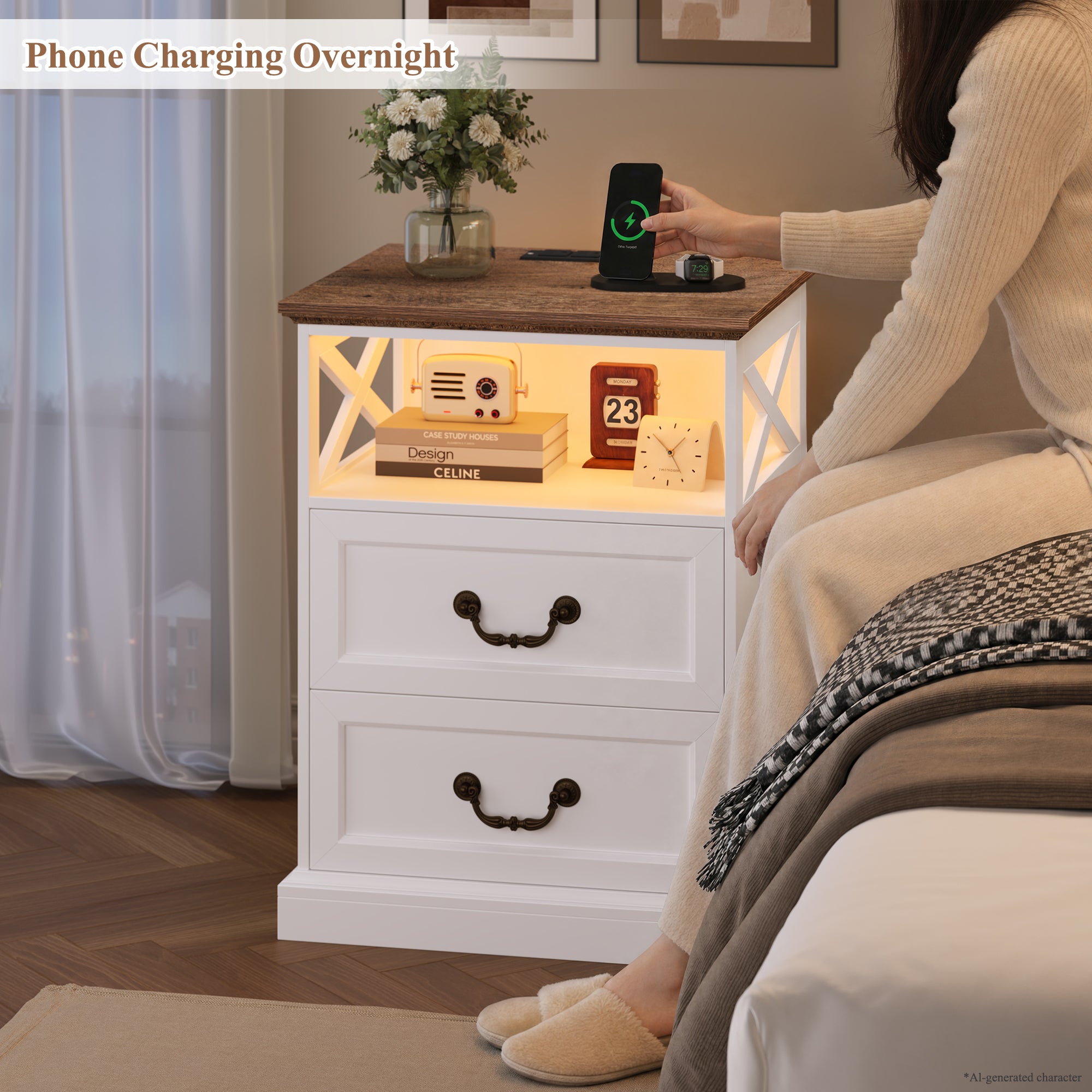 Hiphuta Farmhouse Set of 2 Nightstands with Charge Station, Wood End Table with 3 Drawers for Adult Bedroom, LEDS Bedside Table for Living Room, White