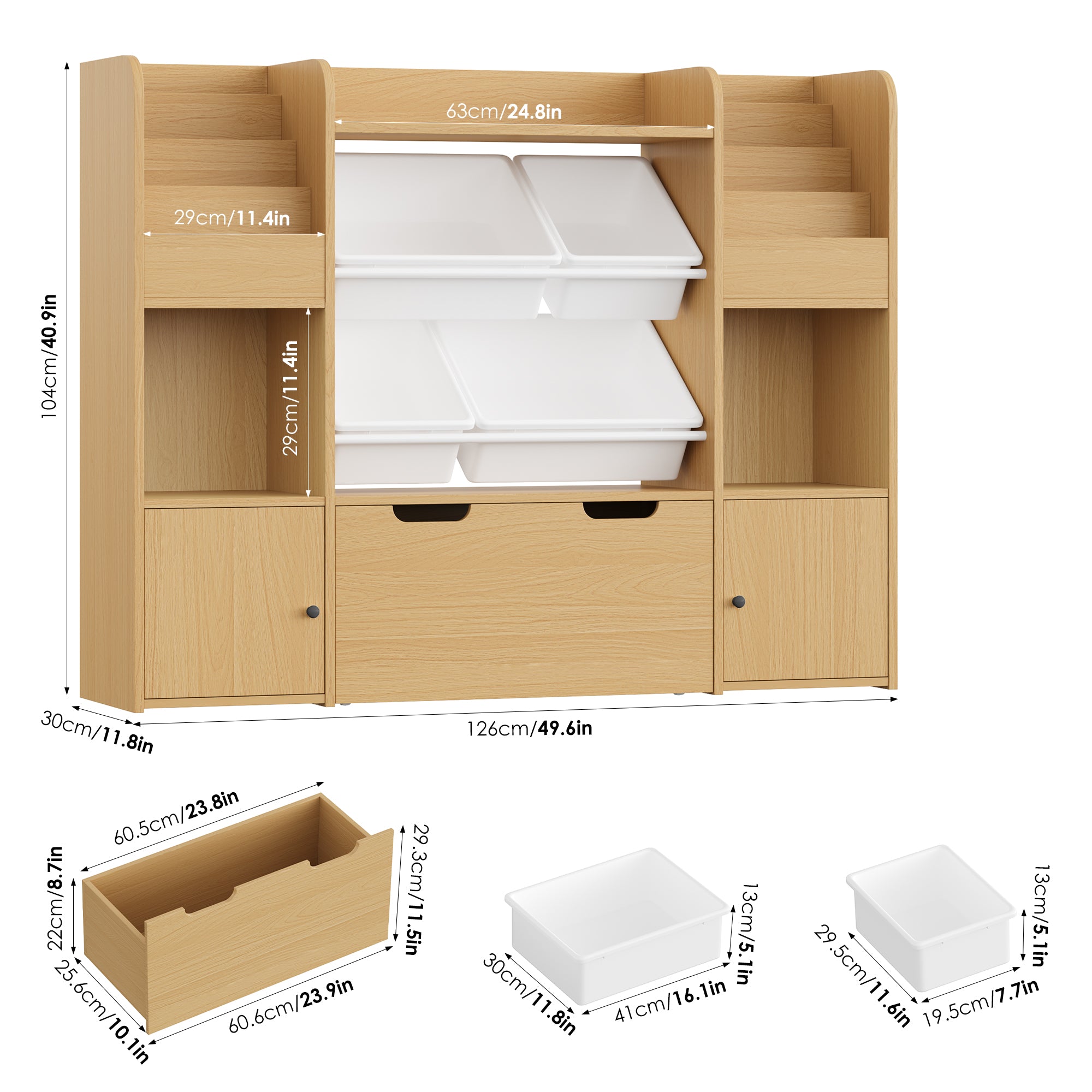 Hiphuta Kid Storage Toy Organizer, Wood Toy Storage Organizer with 4 Toy Boxes, Kids Bookcase with Book Rack, Natural