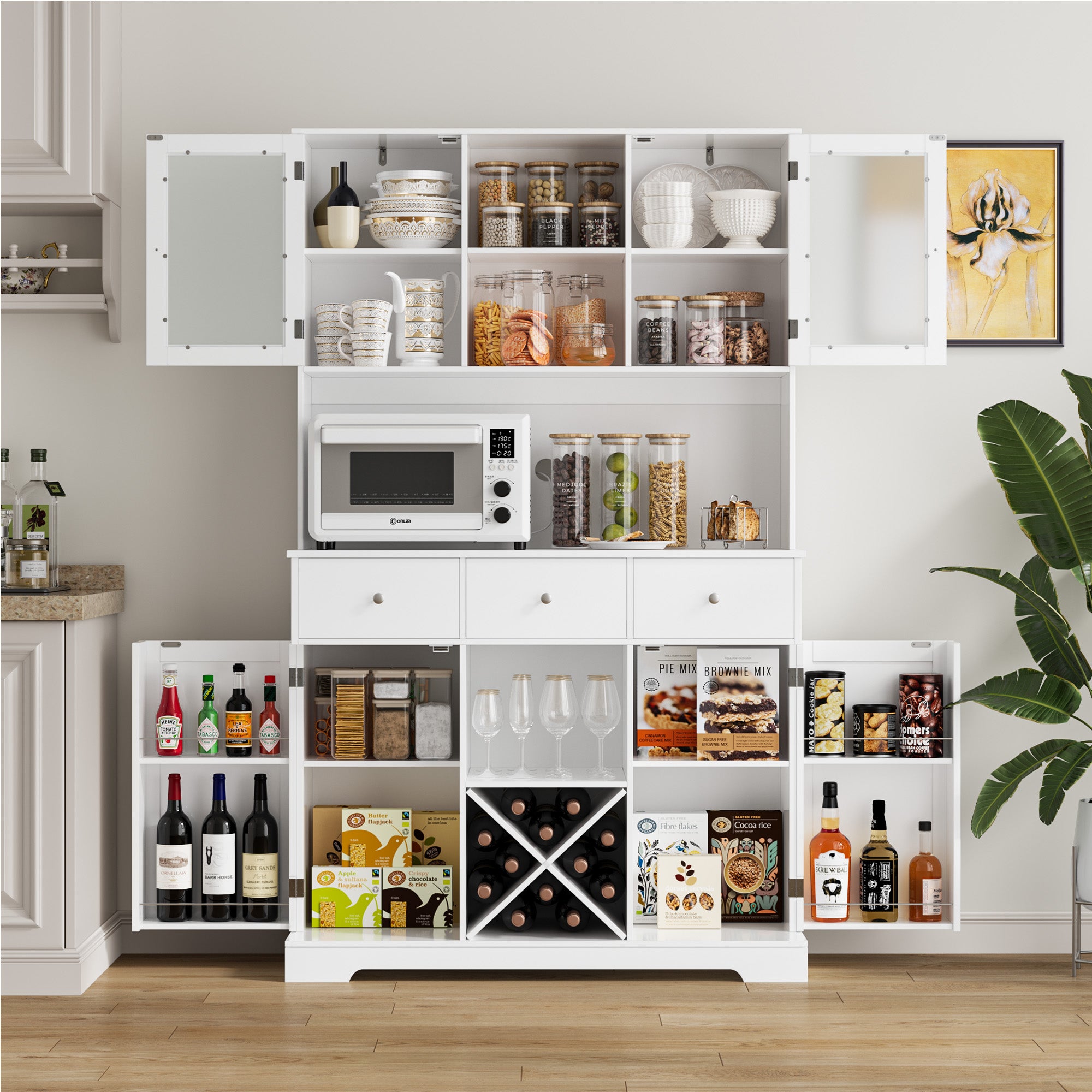 Hiphuta 68''H Kitchen Pantry Cabinet with Glass Doors & Removable Wine Rack for Dining Room Living Room, White