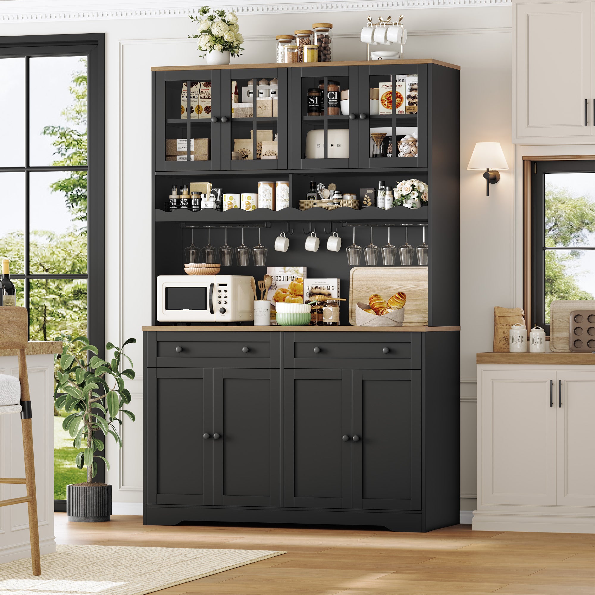 Hiphuta 75"Tall Kitchen Pantry Storage Cabinet with Power Outlet, Large Pantry Cabinet with Microwave Stand, Modern Freestanding Cupboard Hutch for Home Dinning Room, Black