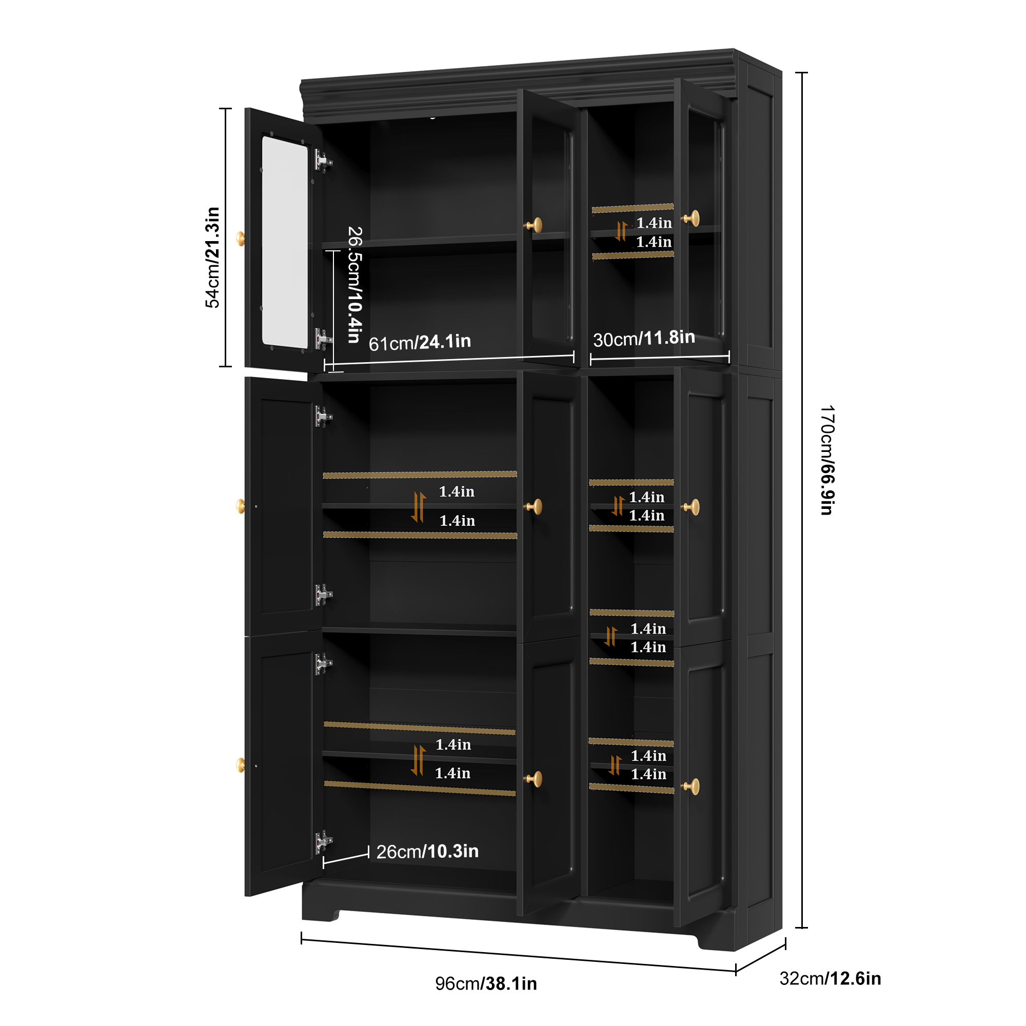 Hiphuta Bookcase with 9 Doors, 67" Tall Bookcases, Wooden Storage Bookshelf for Home Office Living Room, Black