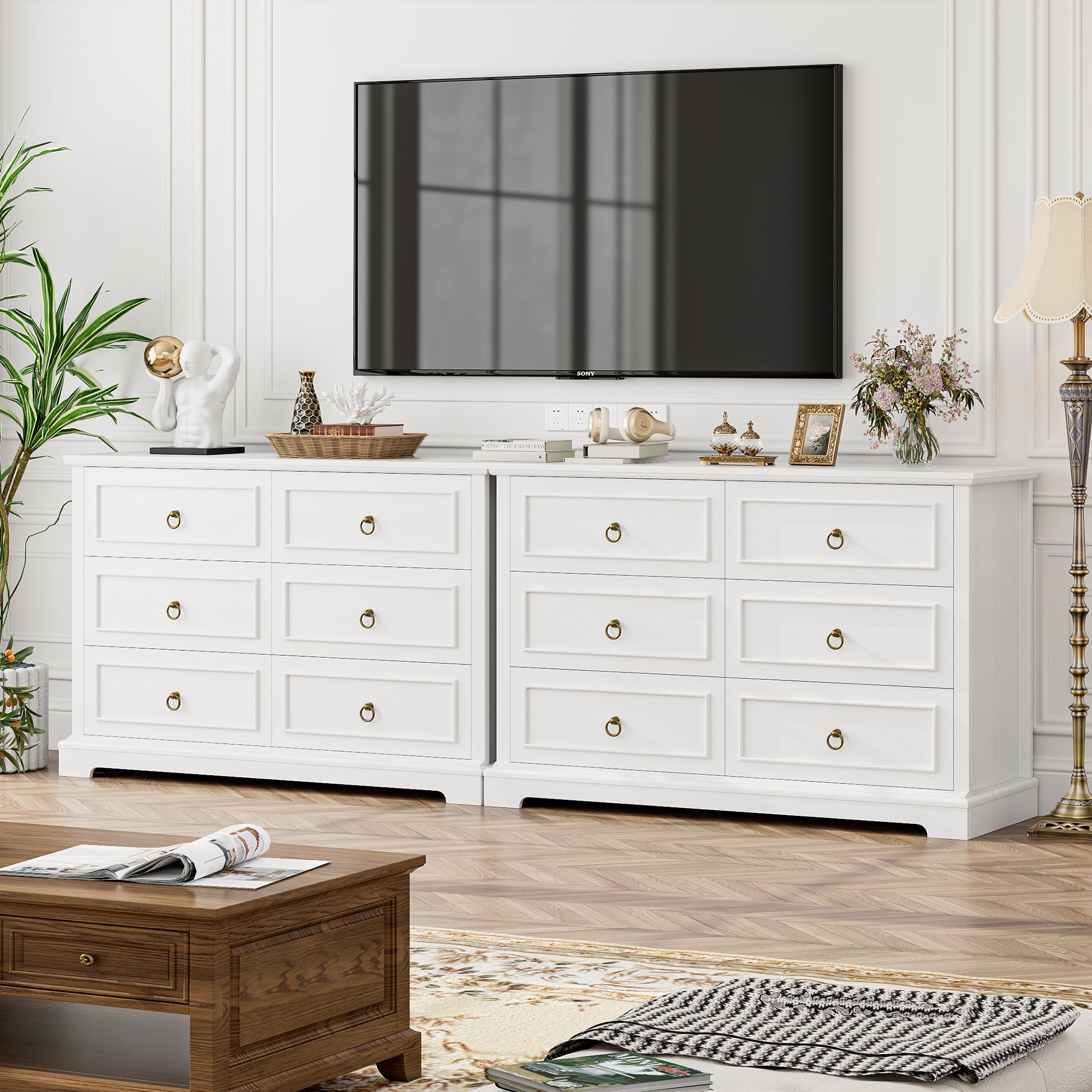 Hiphuta Modern 6 Drawer Dresser for Bedroom with Metal Handle, Large Double Dresser Organizer, Wood Chest of Drawers, White