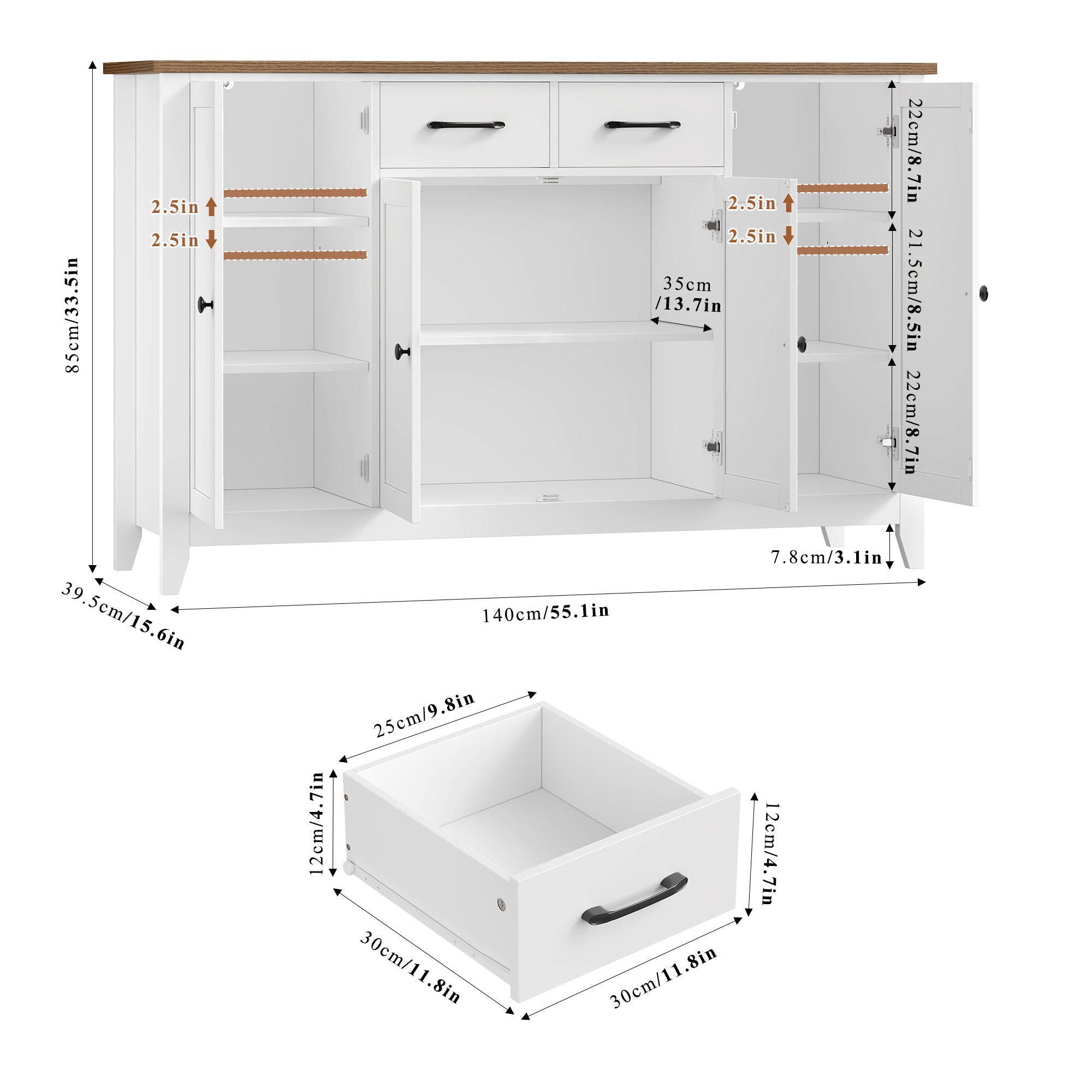 Hiphuta 55" Wide Buffet Cabinet with 2 Drawers & Adjustable Shelves, Modern Coffee Bar Cabinet with 2 Drawers and Sturdy Base for Living Room, White