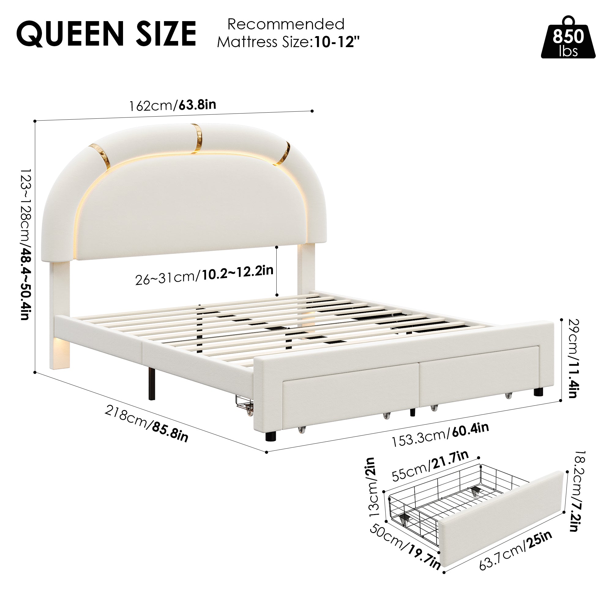 Hiphuta Queen Kids Platform Bed Frame, Velvet Tufted Upholstered LED Bed with 2 Storage Drawers, Beige