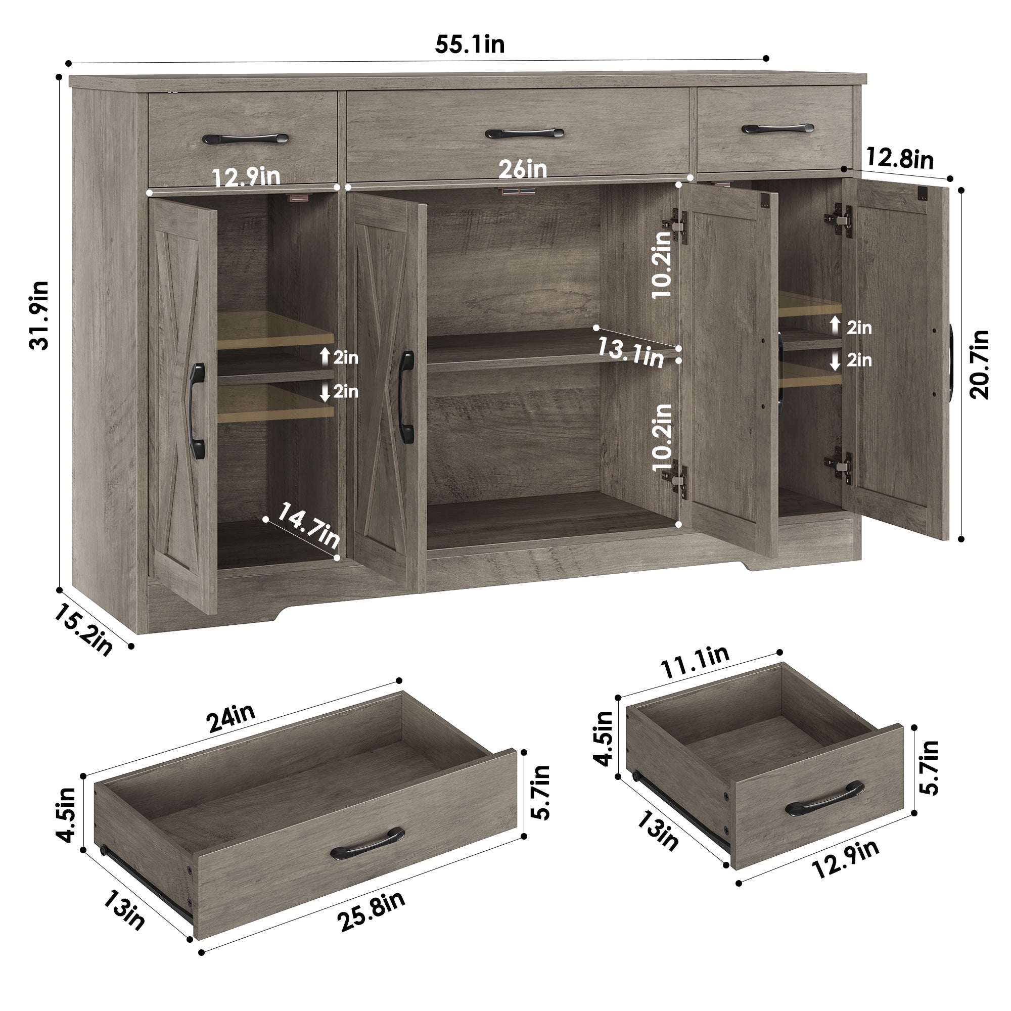 Hiphuta 55” Large Buffet Sideboard, Farmhouse Wood Credenza Cabinet with 6 Drawers & 2 Adjustable Shelves, Rustic Brown