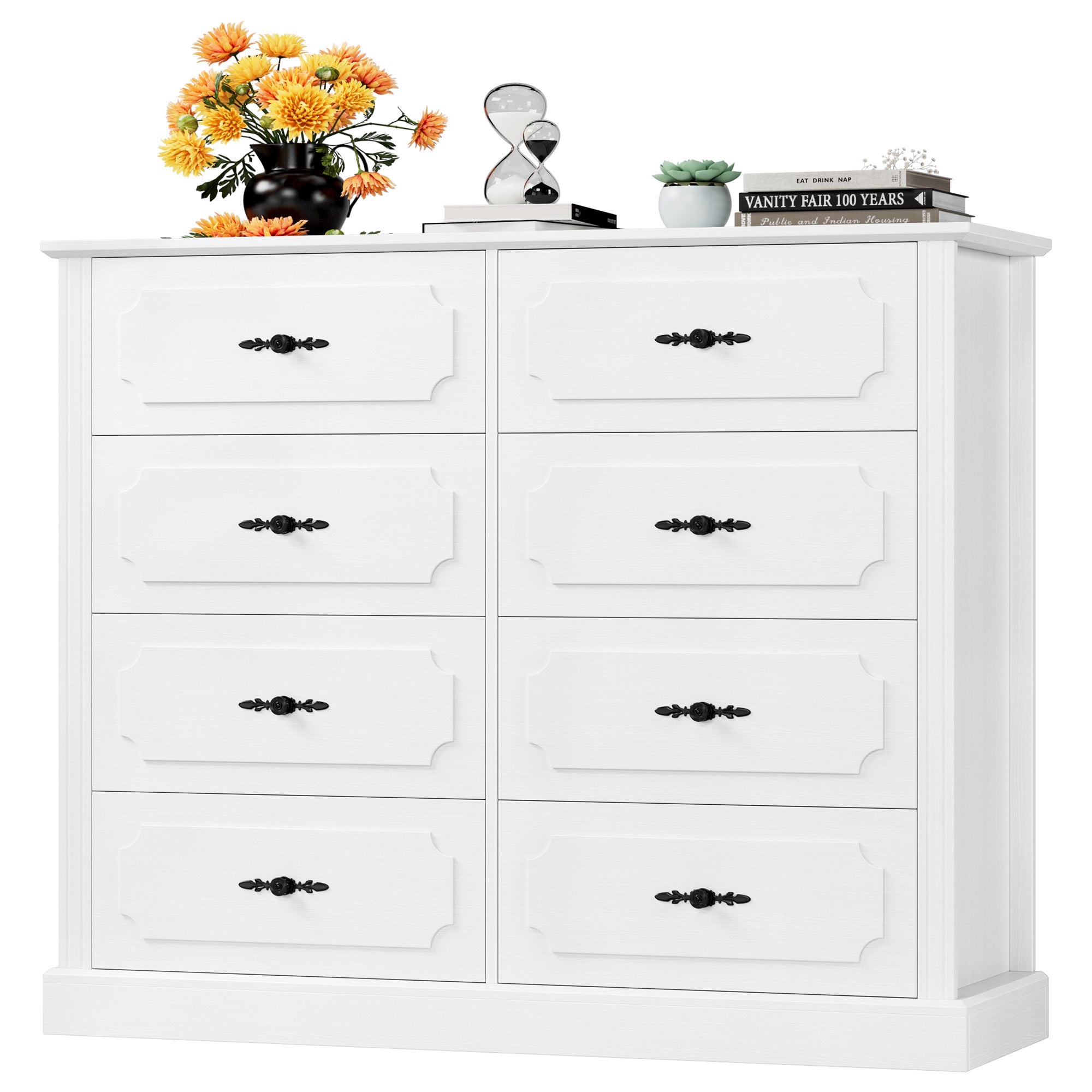 Hiphuta 47'' Wide Vintage 8 Drawer Double Dresser, Chest of Drawers for Bedroom, White