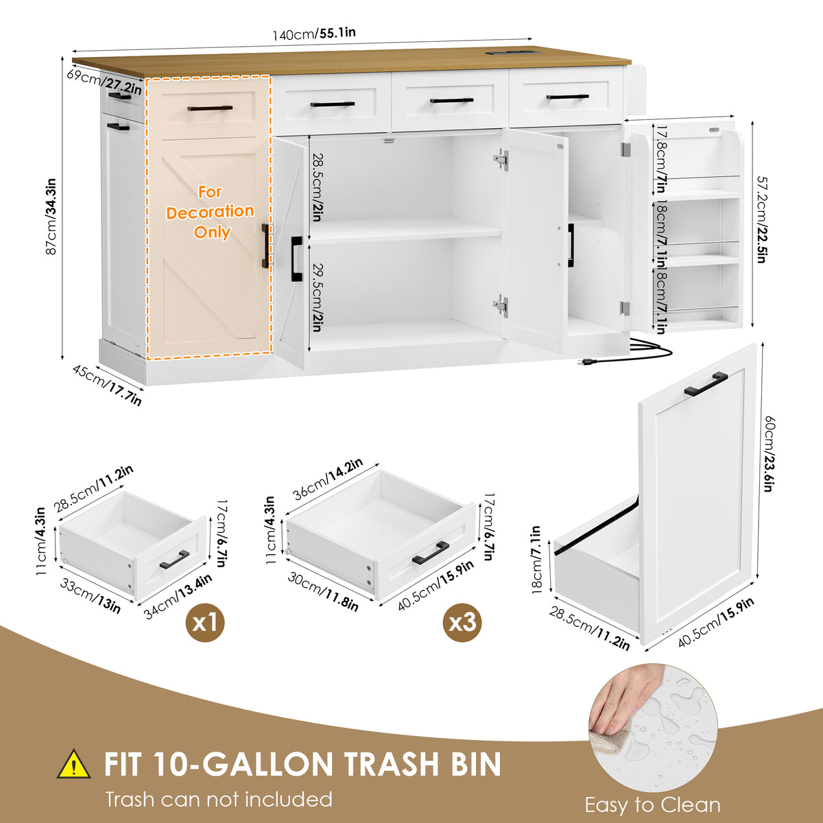 Hiphuta 55"W Kitchen Island Cart with Storage, Rolling Island Table with Trash Can, Adjustable Shelves and 4 Drawers, Movable Buffet Cabinet for Dining room, White