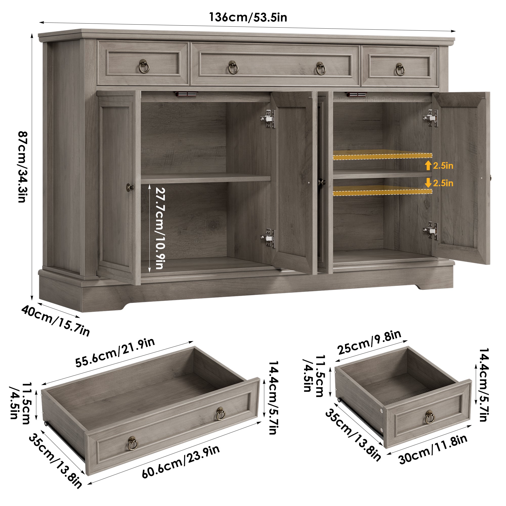 Hiphuta 54'' Wide Modern Sideboard Buffet with Drawers, Farmhouse Credenza with Adjustable Shelf, Ash Gray