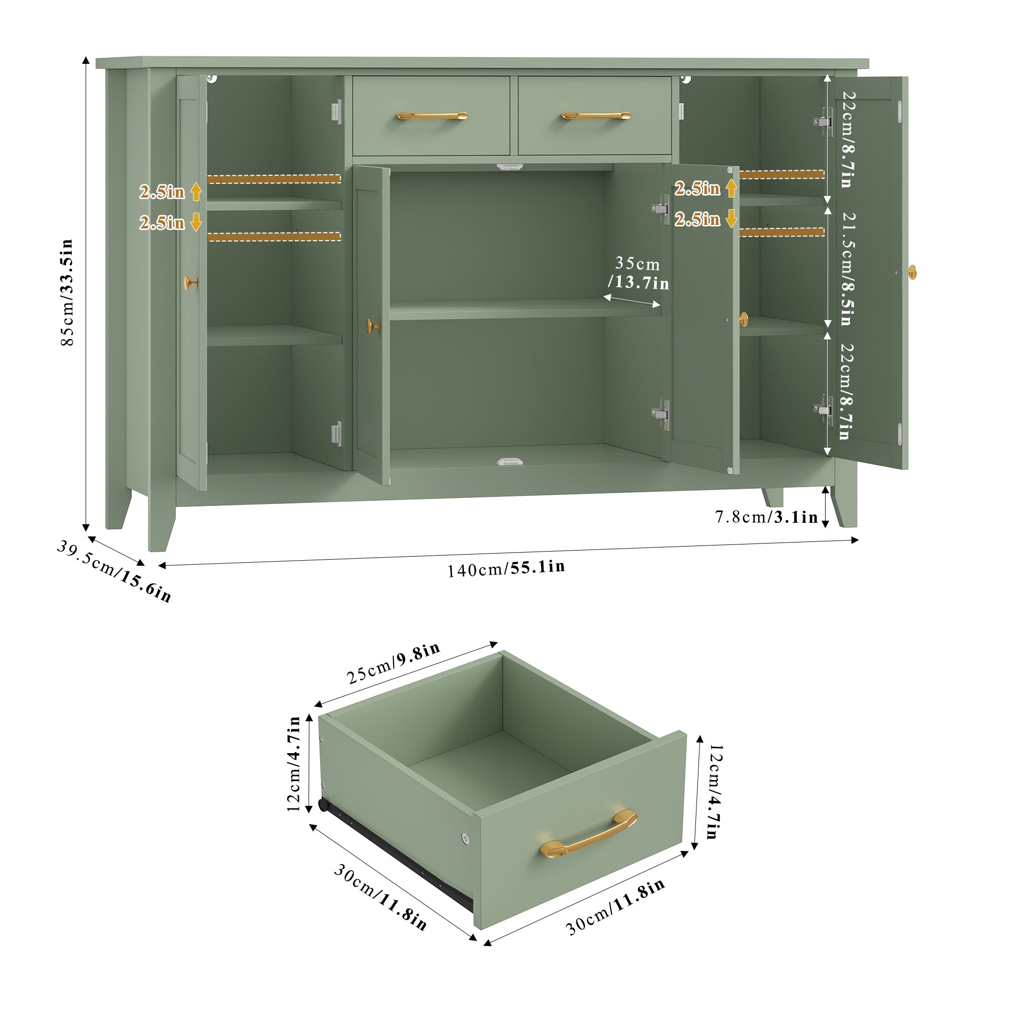 Hiphuta 55" Wide Buffet Cabinet with 2 Drawers & Adjustable Shelves, Modern Coffee Bar Cabinet with 2 Drawers and Sturdy Base for Living Room, Green