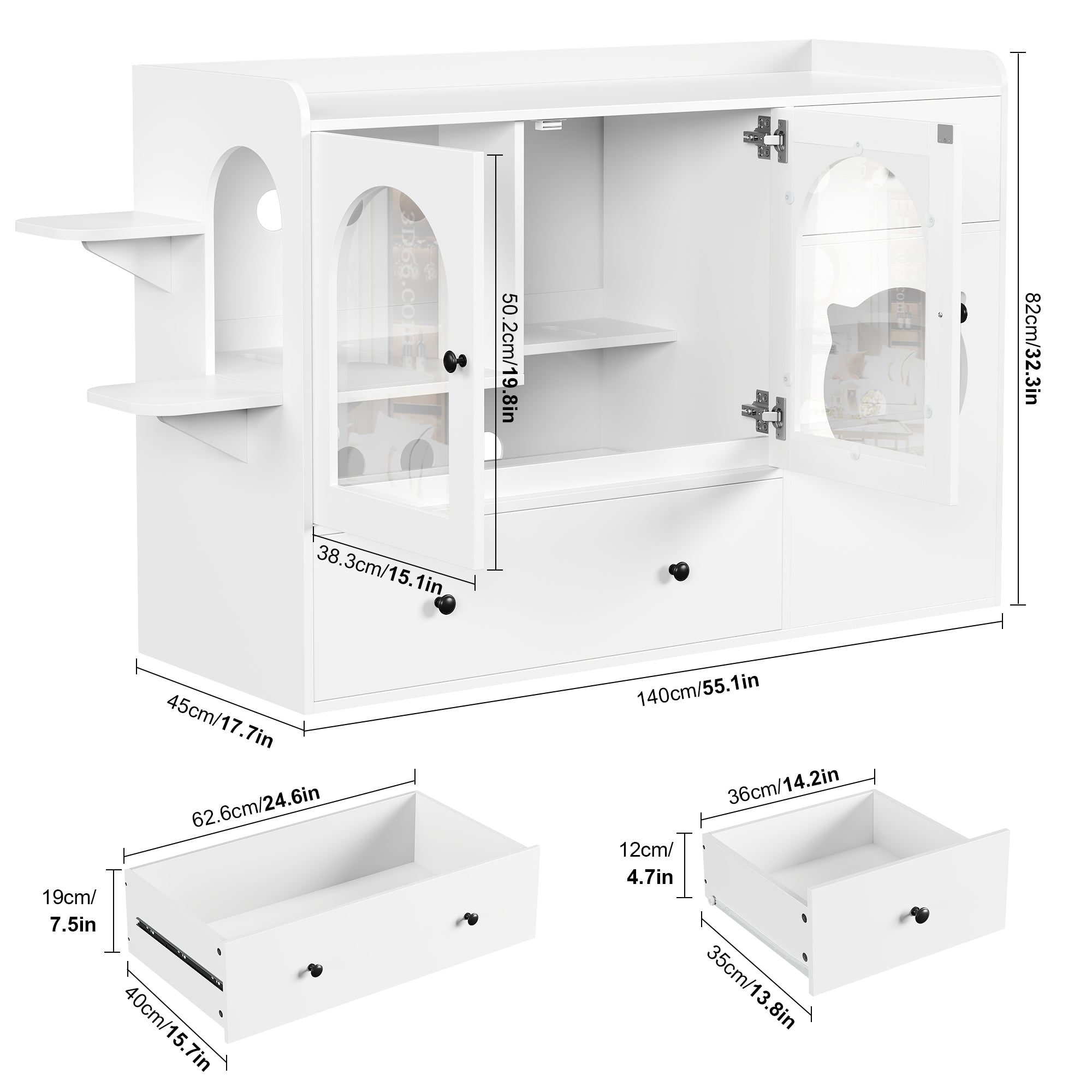 Hiphuta 47.2" Cat Condo Litter Box Enclosure Cat Wooden Storage Cabinet With Bowls