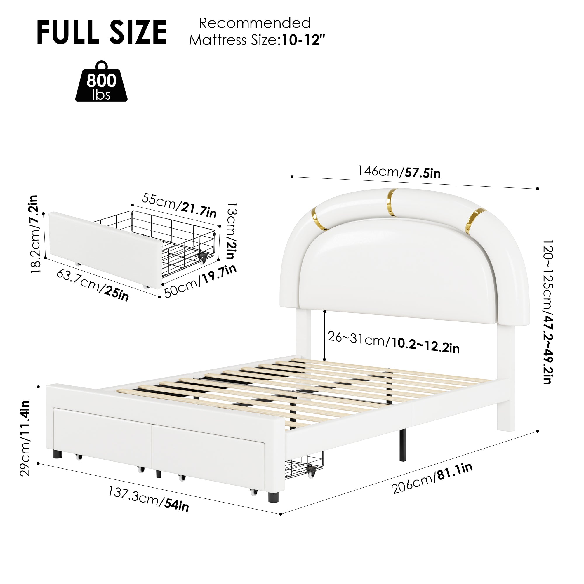 Hiphuta Full Kids Bed Frame with 2 Storage Drawers, LED Bed with Adjustable Headboard, Modern PU Upholstered, White