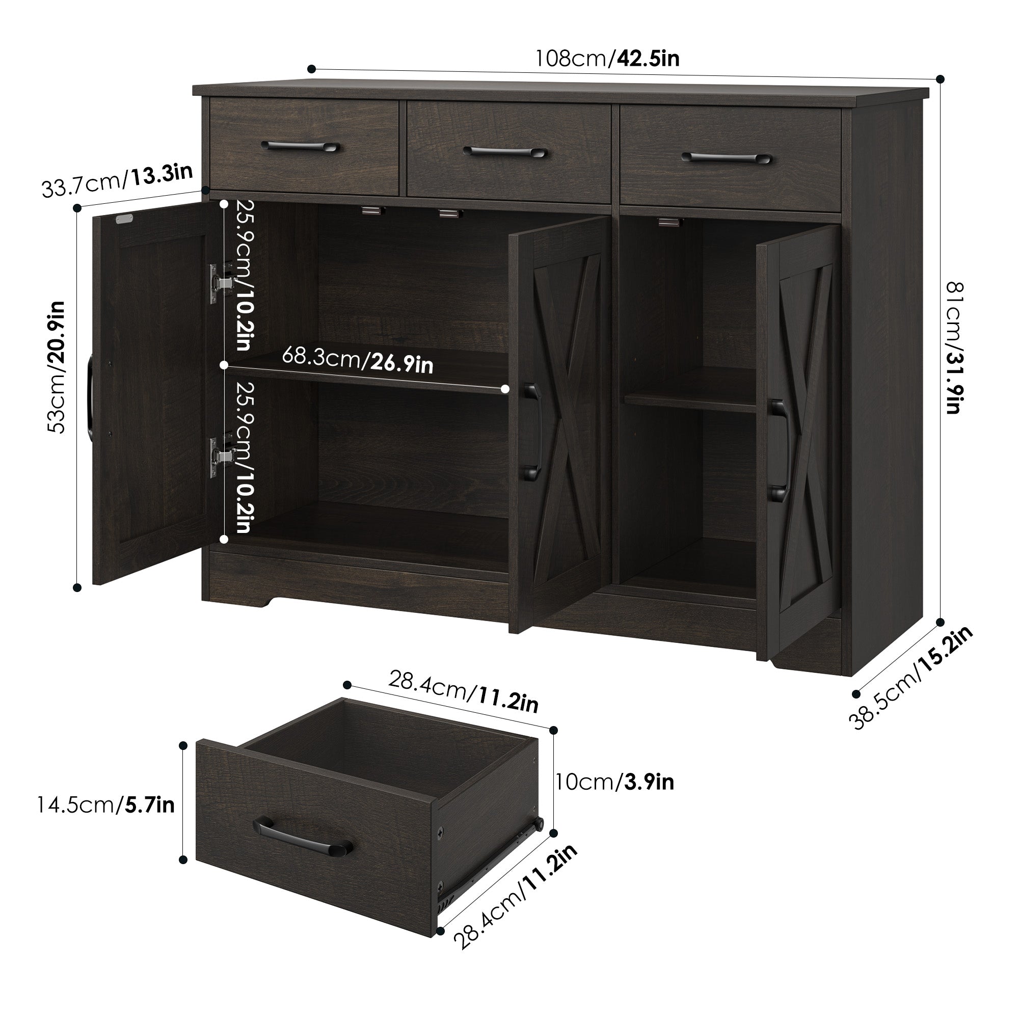 Hiphuta 42.5” Wide Modern Buffet Sideboard, Farmhouse Credenza with Adjustable Shelf & 3 Drawers, Dark Brown