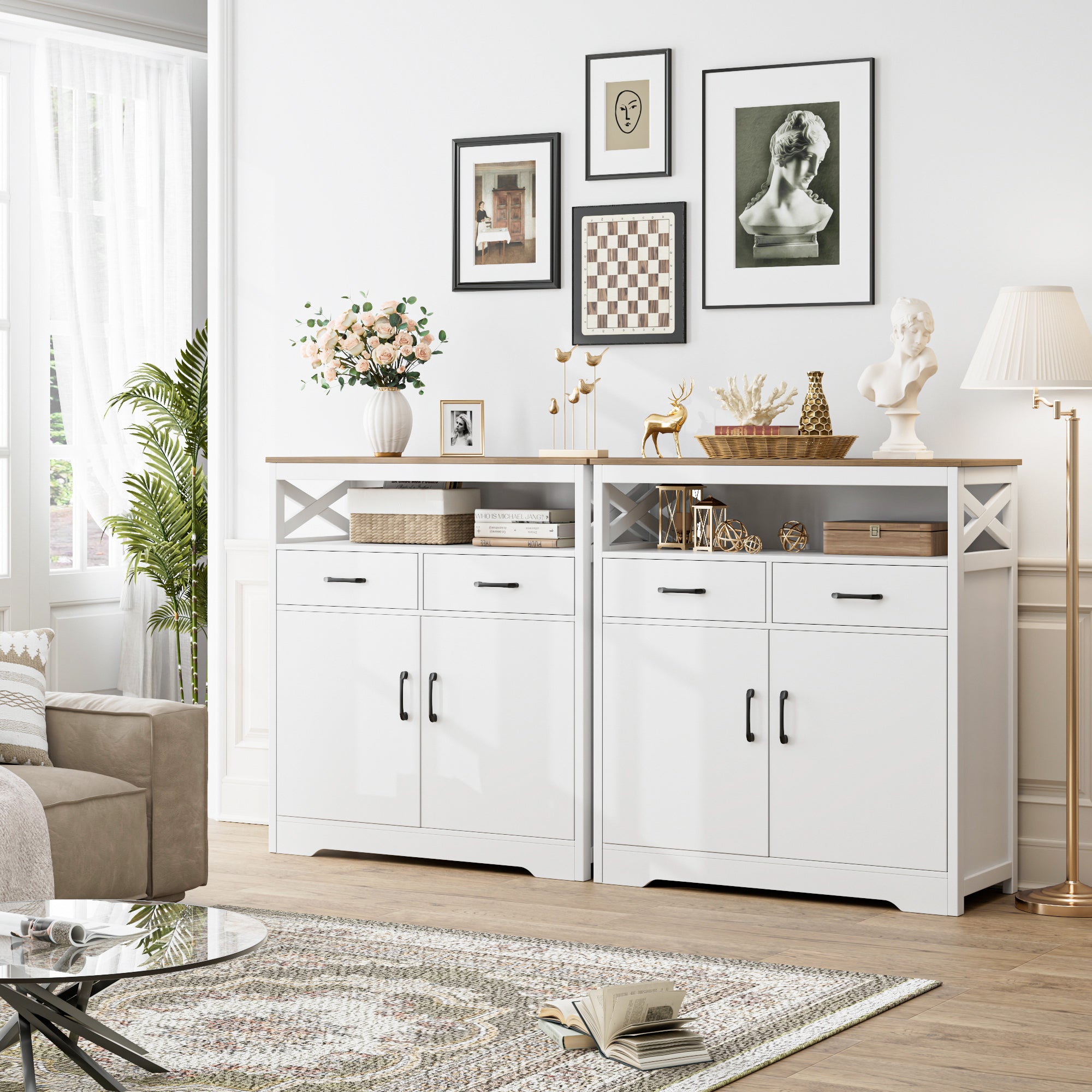 Hiphuta Modern Farmhouse Buffet Sideboard, Wood Cabinet with Shelves, Doors & 2 Drawers, Coffee Bar, Floor Cabinet Cupboard for Living Room, White