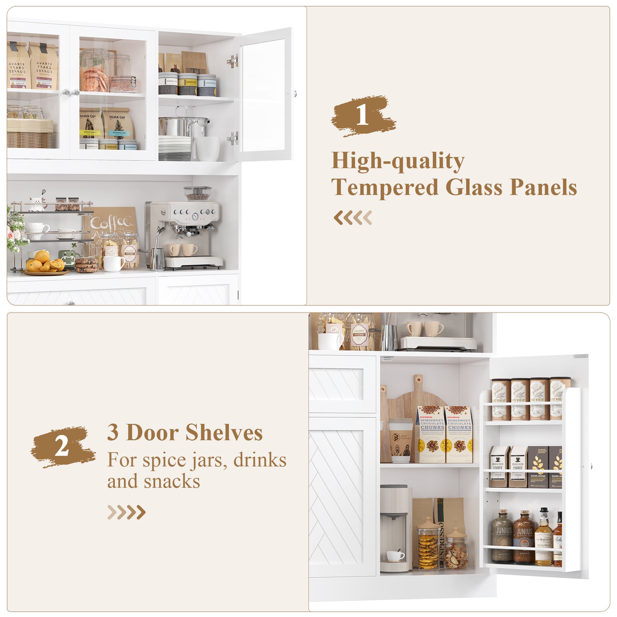 Hiphuta 72" Tall Modern Pantry Cabinet with Adjustable Shelves, Freestanding Kitchen Hutch Cabinet for Dining Room, White