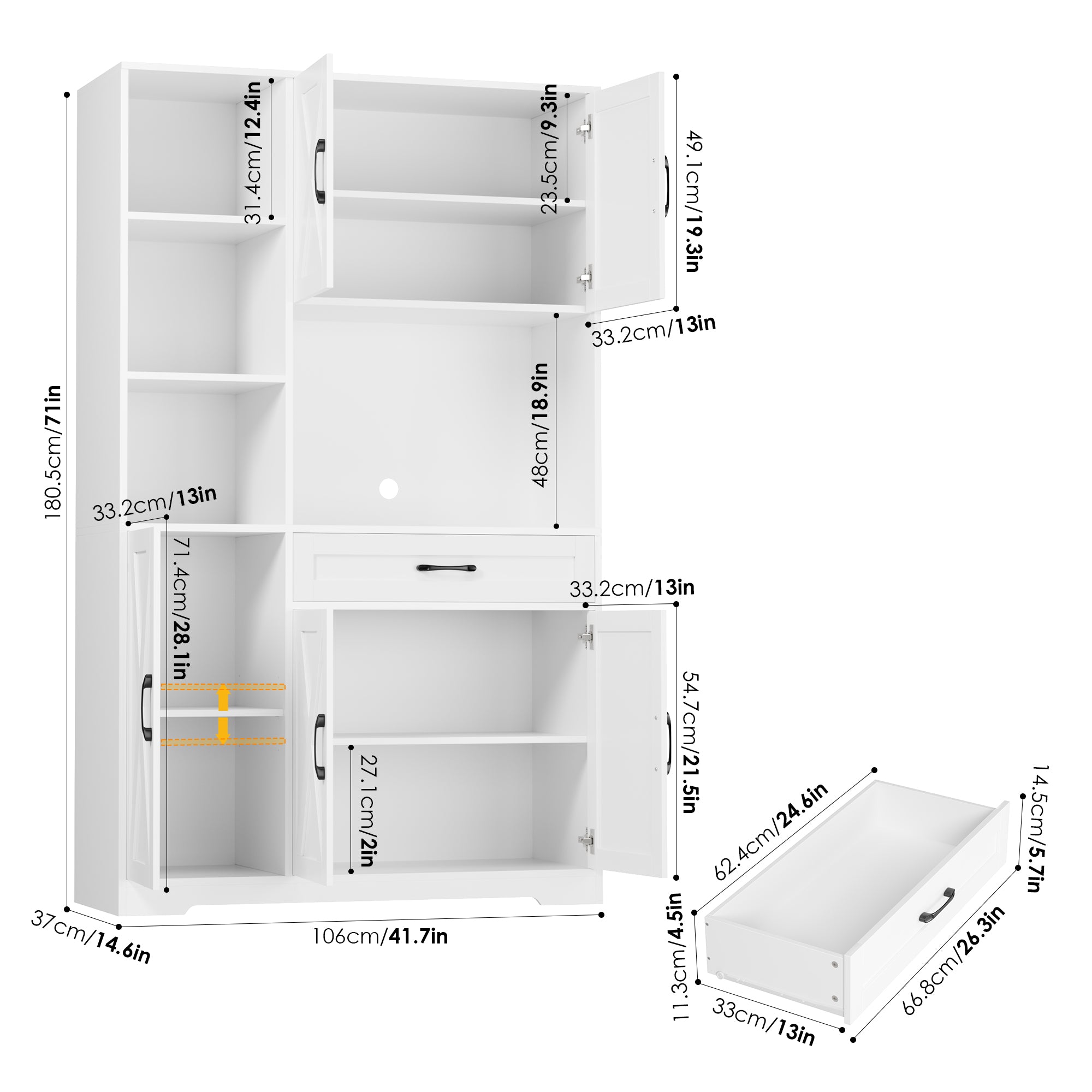 Hiphuta 71" Farmhouse Kitchen Pantry Storage Cabinet, Freestanding Hutch with Doors, Shelves & Microwave Stand, Cupboard for Dining Room, White