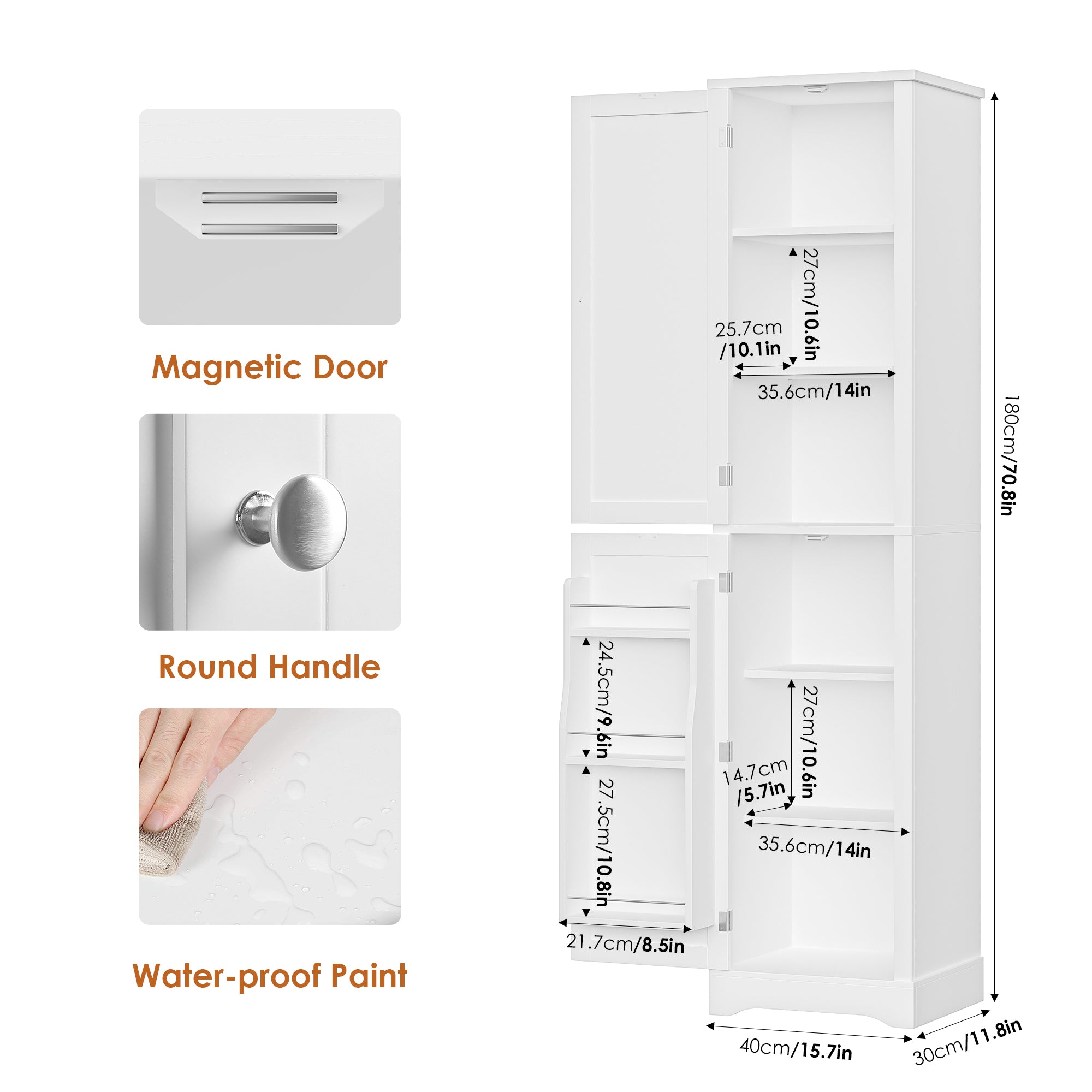 Hiphuta 71" Tall Bathroom Storage Cabinets with Adjustable Shelves, Narrow Cabinet with Door Shelves, Bathroom Storage Tower for Small Spaces, White