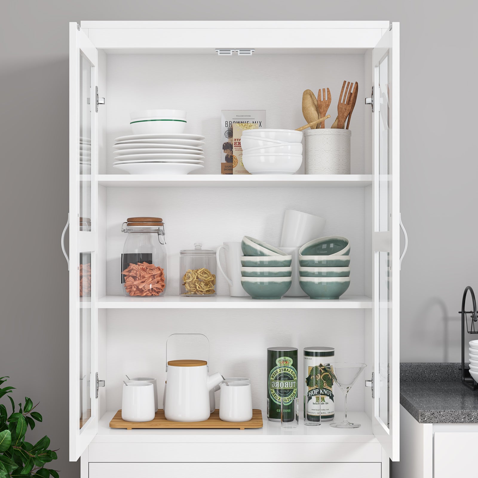 Hiphuta 66.5"H Kitchen Pantry Cabinet with Glass Doors, 3 Drawers & 3 Shelves, White