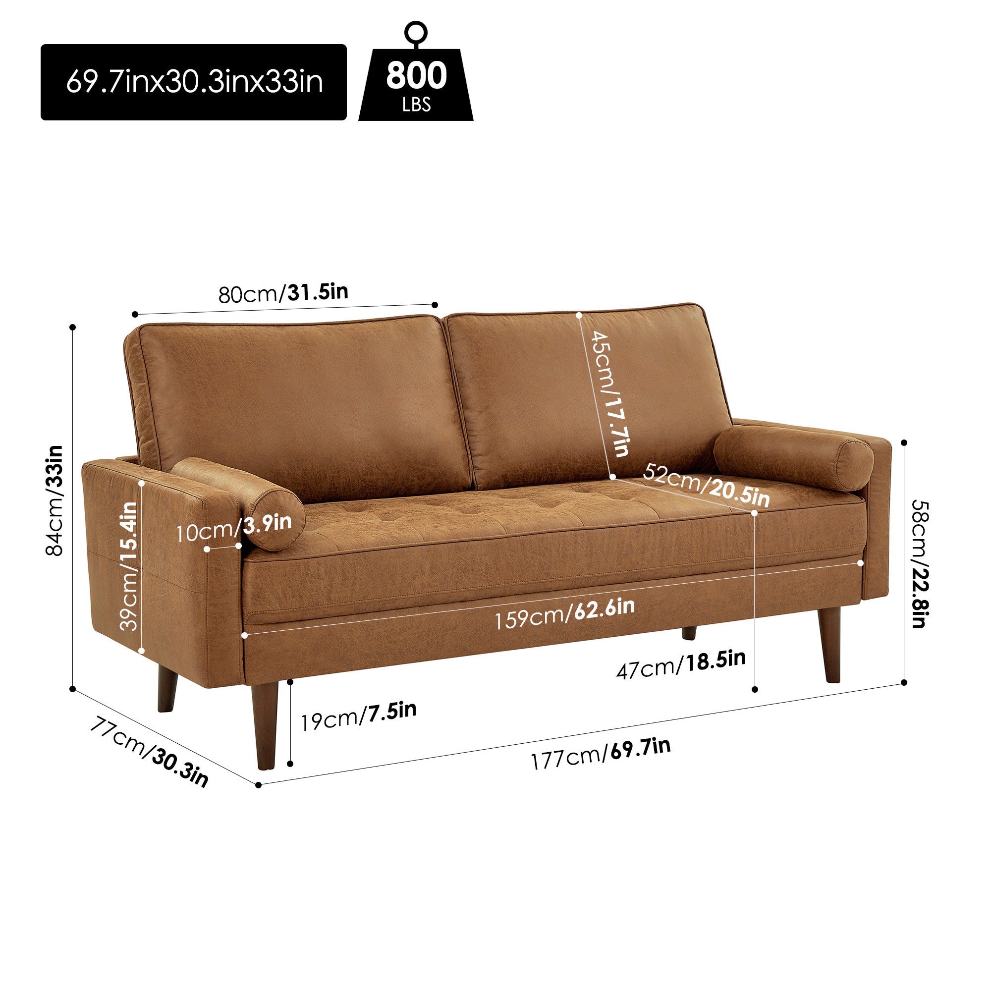 Hiphuta 70" Wide Mid-Century 3-Seater Couches with Tufted Cushion & 2 Pillows, Faux Leather, Brown