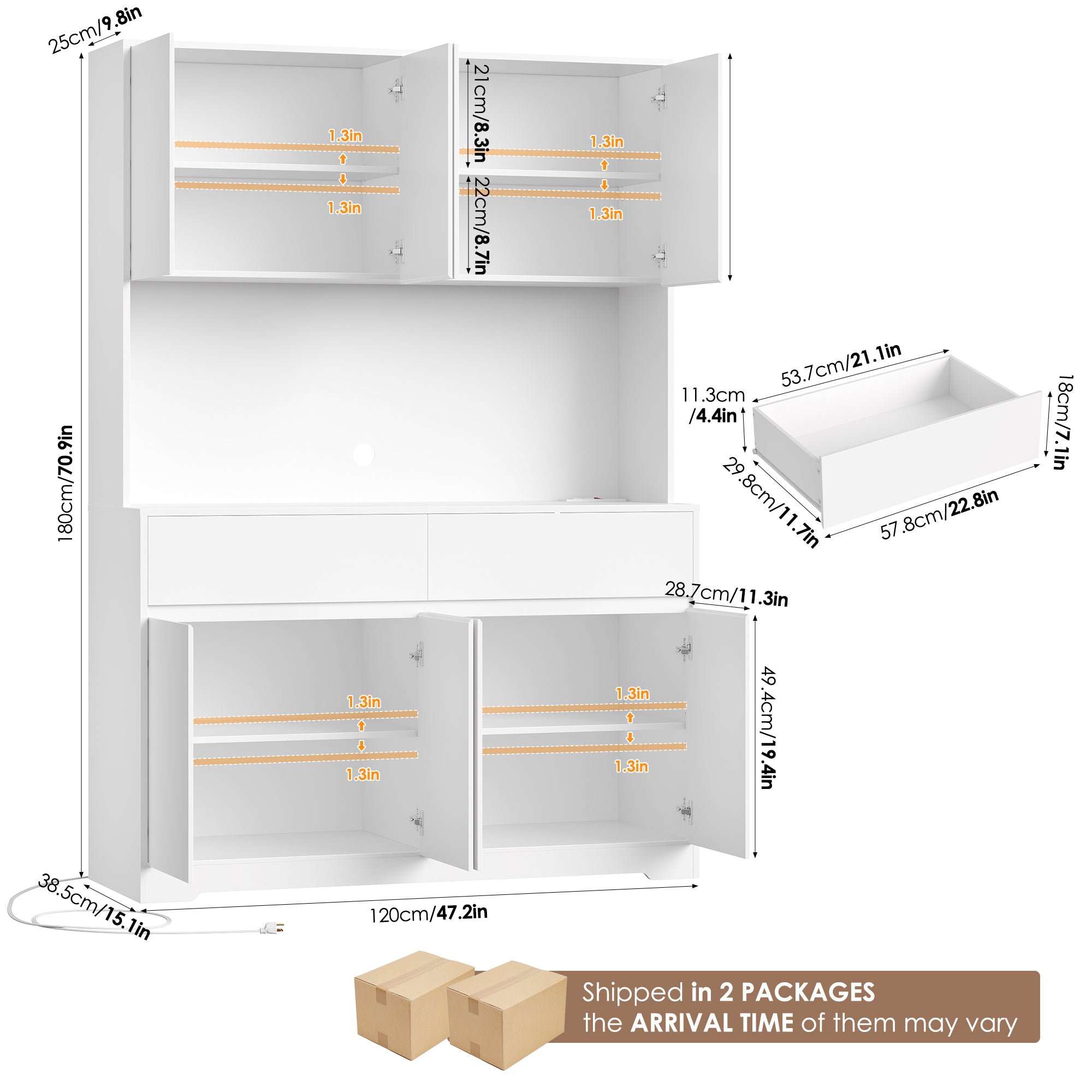 Hiphuta 71"Tall Modern Pantry Cabinet with Charge Station & Led Light, Freestanding Kitchen Hutch Cabinet for Dining Room, White