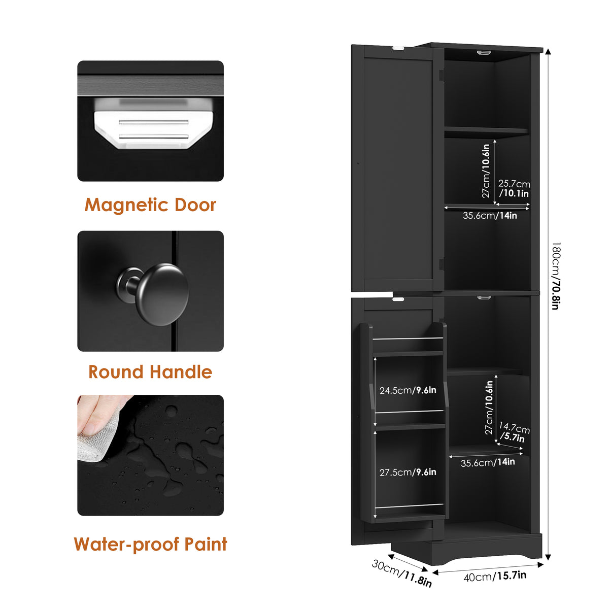 Hiphuta 71" Tall Narrow Bathroom Storage Cabinet, Slim Bathroom Storage Tower with Adjustable Shelves & Door Shelves, Narrow Cabinet with Doors for Small Spaces, Black