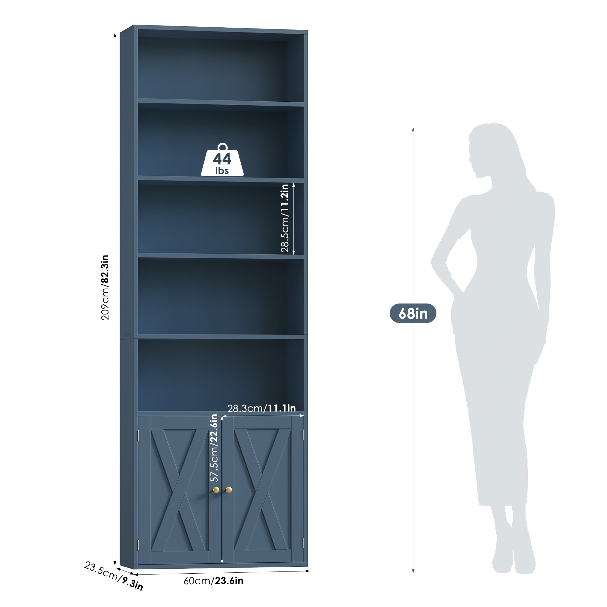 Hiphuta 81.5" Tall Bookcase with Doors, 5-Tier Bookshelves with Storage, 23.6"W Display Shelf with 2 Doors for Home Office, Living Room, Blue