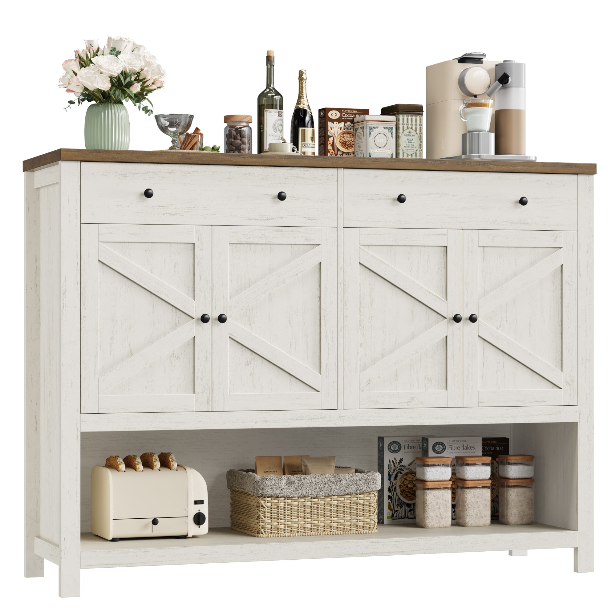 Hiphuta 55" Wide Console Table with 2 Drawers and 2 Double-Door Cabinet, Farmhouse Sideboard White