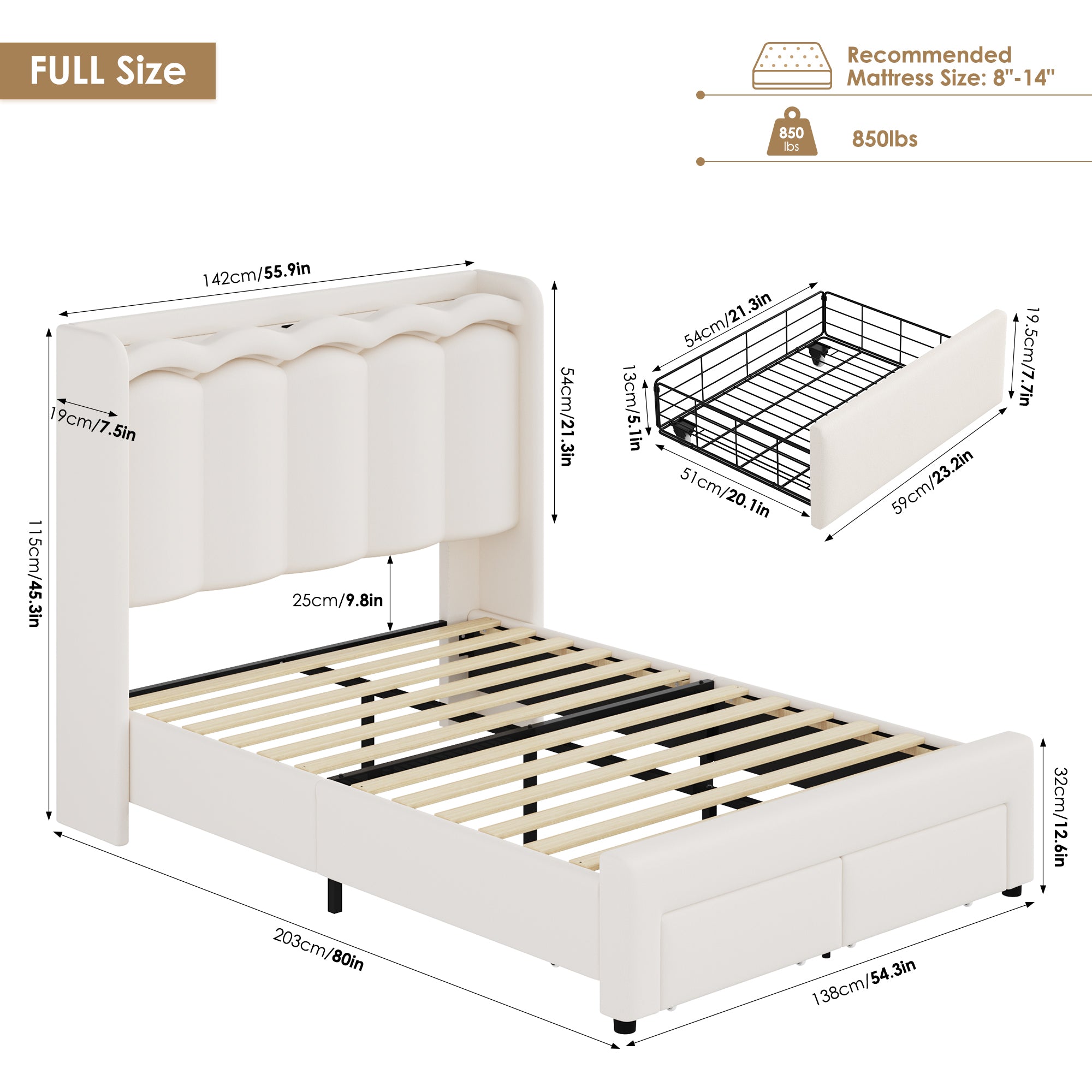 Hiphuta Full Size Bed with Power Outlet & LED, Upholstered Princess Beds with Drawer, Full Beds with Headboard Storage, Beige