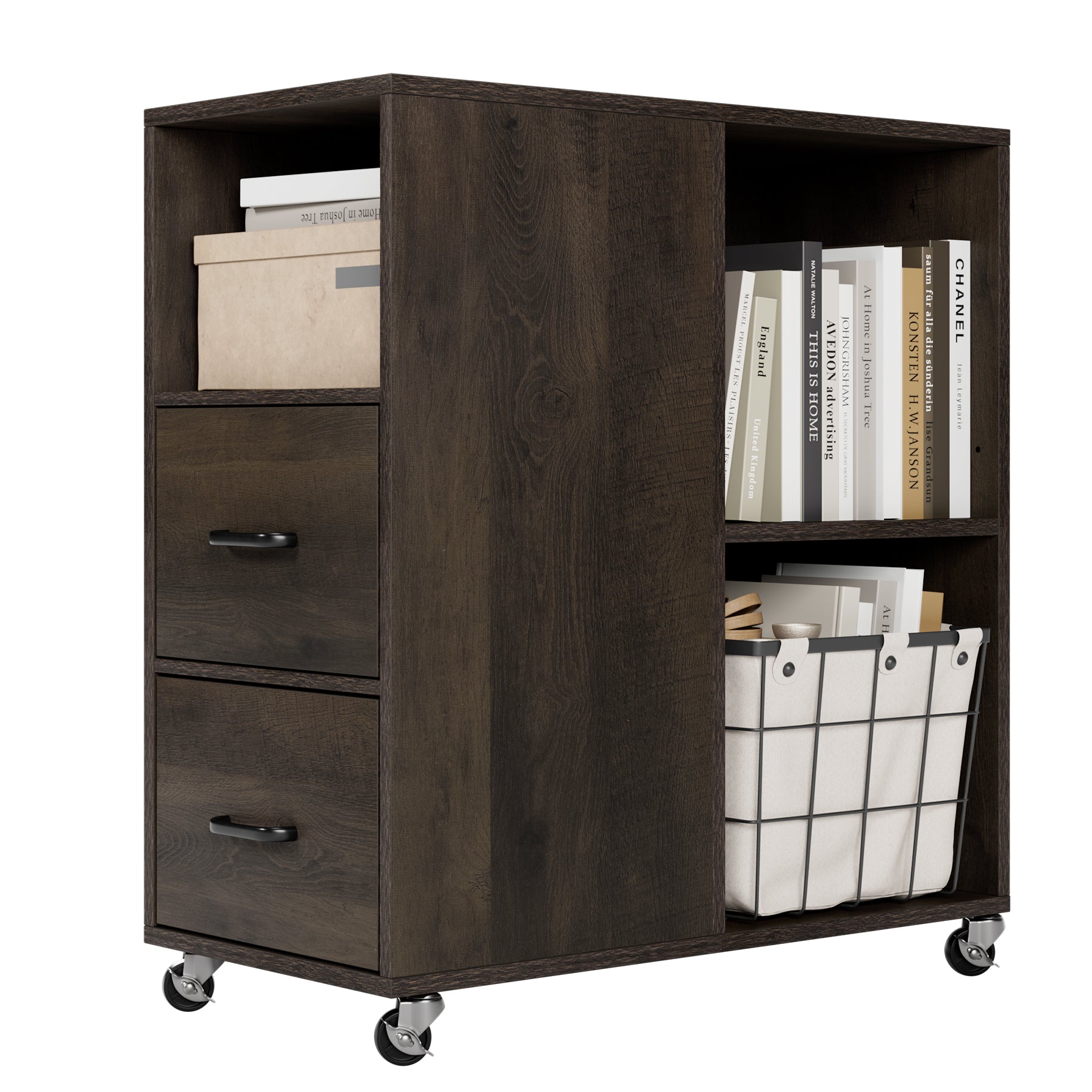 Hiphuta Movable End Side Table with 2 Drawers & Adjustable Shelf, Narrow Bedside Table, Dark Brown