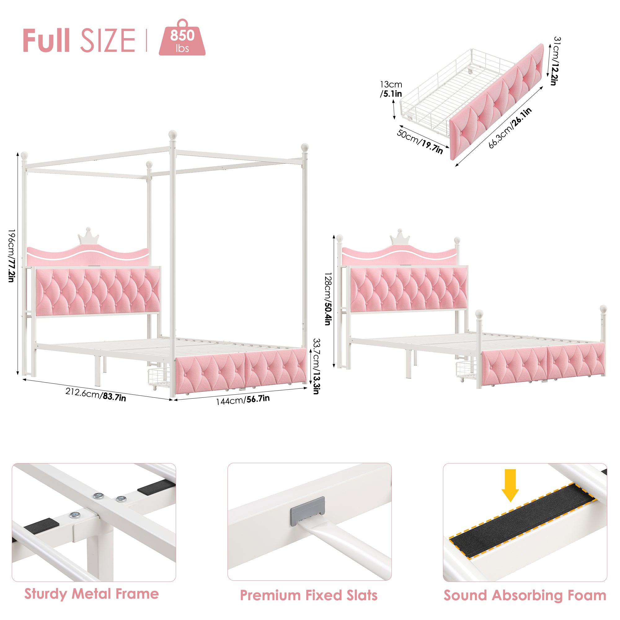 Hiphuta Full Size Crown Canopy Bed with Power Outlet & LED, Upholstered Princess Beds with 4 Removable Posts, Full Bed Frames, Pink