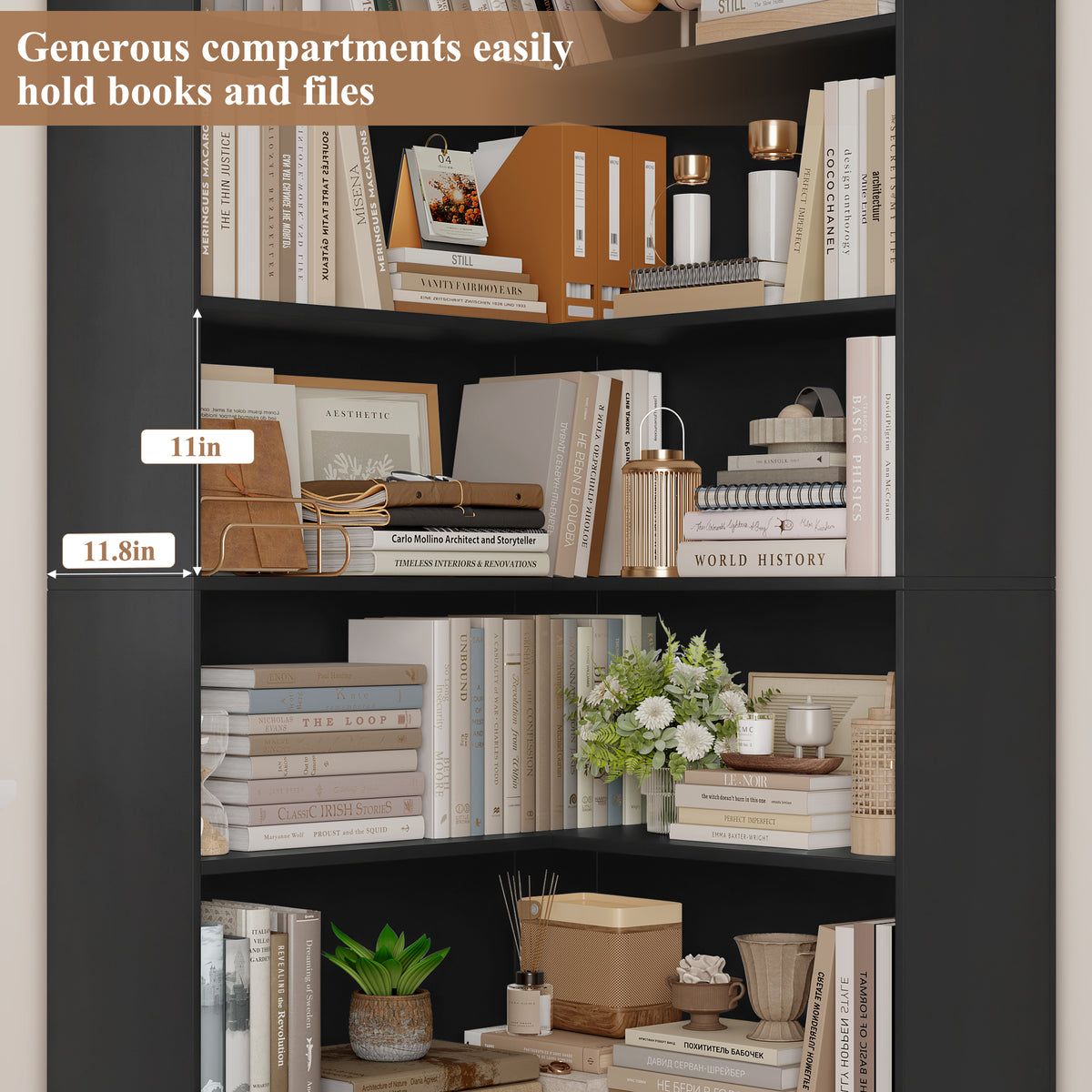 Hiphuta 6 Tier Corner Bookcase, Minimalist Modern Corner Bookcase for Office Living Room, Black