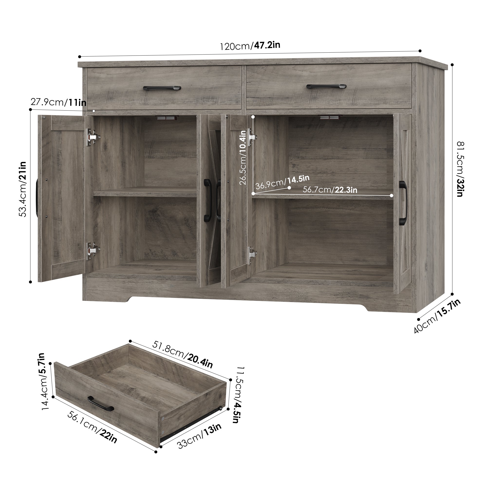 Hiphuta 47" Farmhouse Sideboard Storage Cabinets with 4 Doors & 2 Drawers, Cabinet for Living Room, Ash Gray