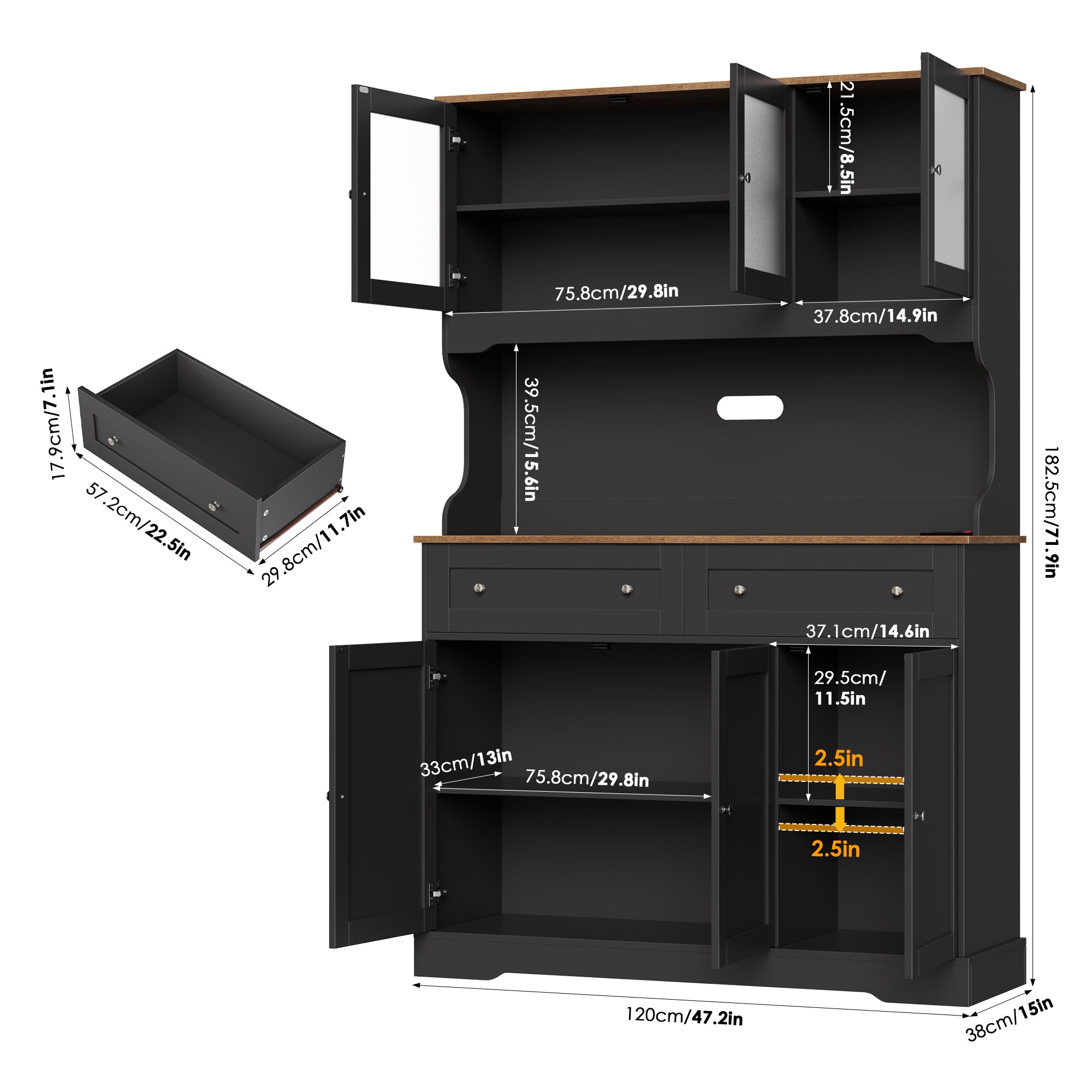 Hiphuta 72"Tall Kitchen Pantry Storage Cabinet with Power Outlet, Freestanding Cupboard Storage Buffet Hutch with Microwave Stand, Coffee Bar with Drawers & Glass Doors, Black & Oak